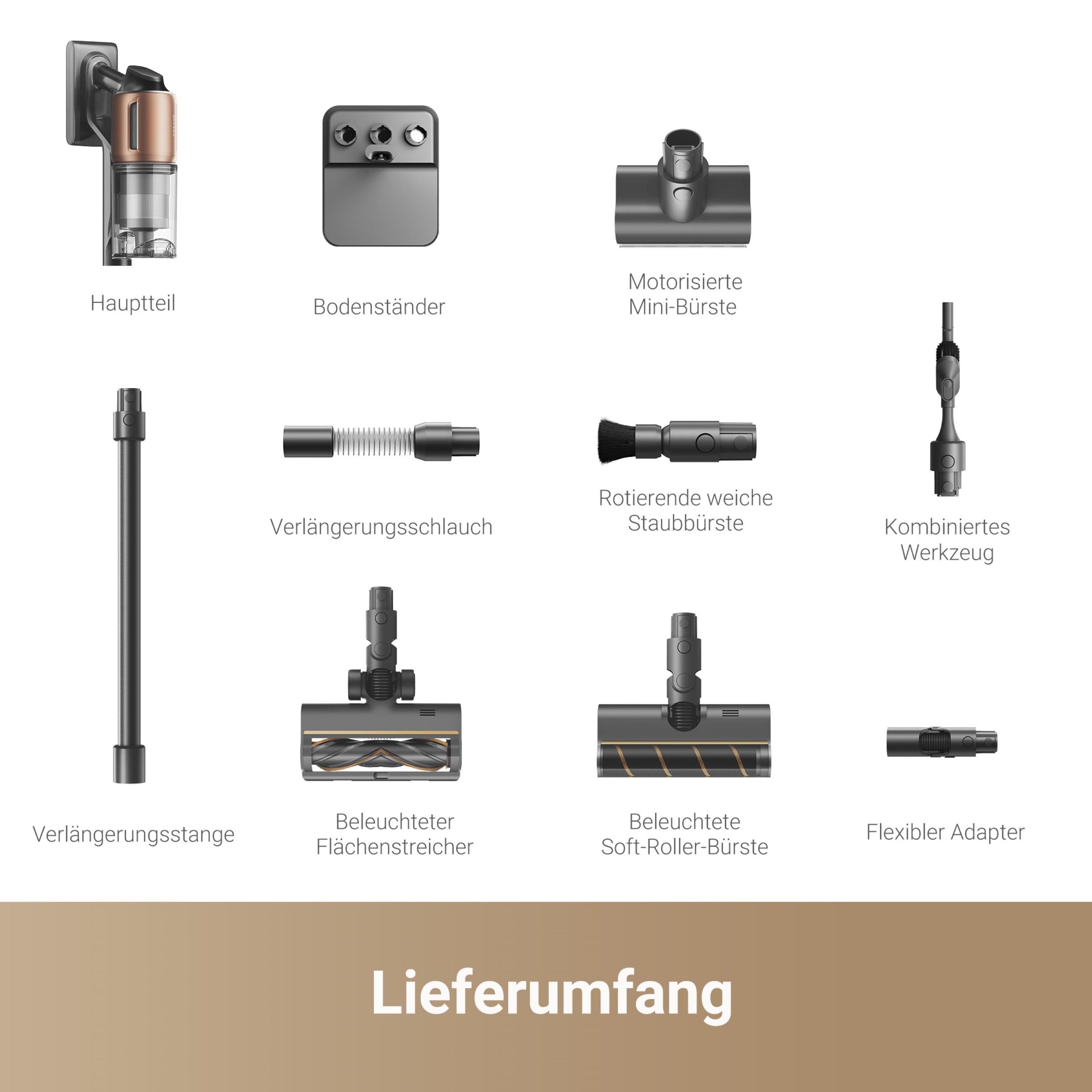 Dreame Akku-Stielstaubsauger »Dreame Z20 mit 25.000 Pa Saugkraft«, 90 Minuten Laufzeit, vielseitige Aufsätze, Bürsten mit LED-Beleuchtung