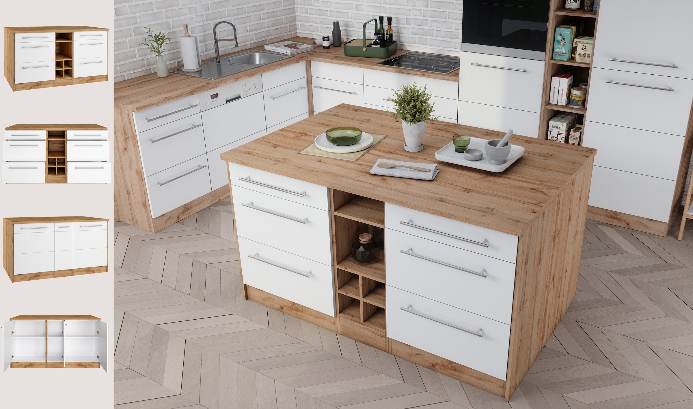 KOCHSTATION Kücheninsel »KS-Wien«, Breite 153 cm, MDF-Fronten, Flaschenregal