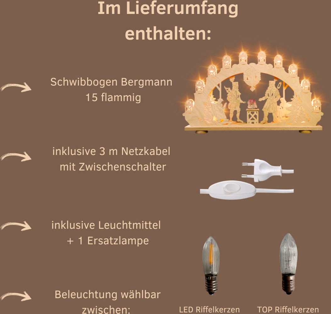 Weigla Schwibbogen »Bergmann mit Amethyst, Lichterbogen aus Holz, NATUR«, Erzgebirge garantiert, Weihnachtsdeko Innen, Weihnachtsbeleuchtung