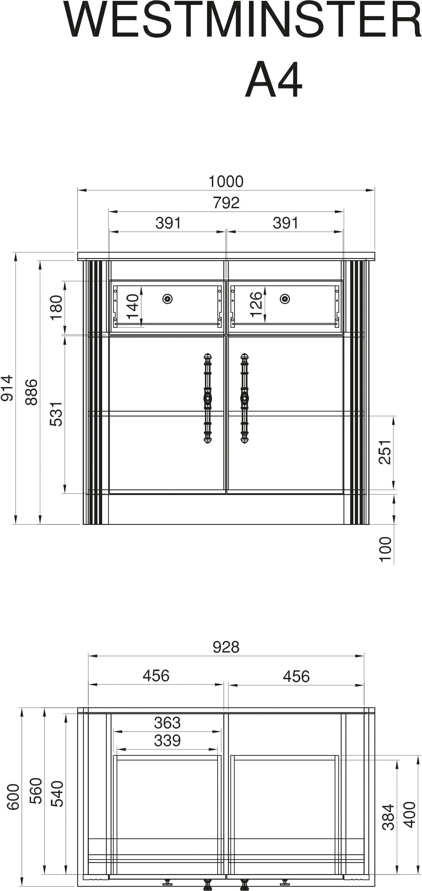 KOCHSTATION Unterschrank »Westminster«, im romantischen Landhausstil, Breite 100 cm