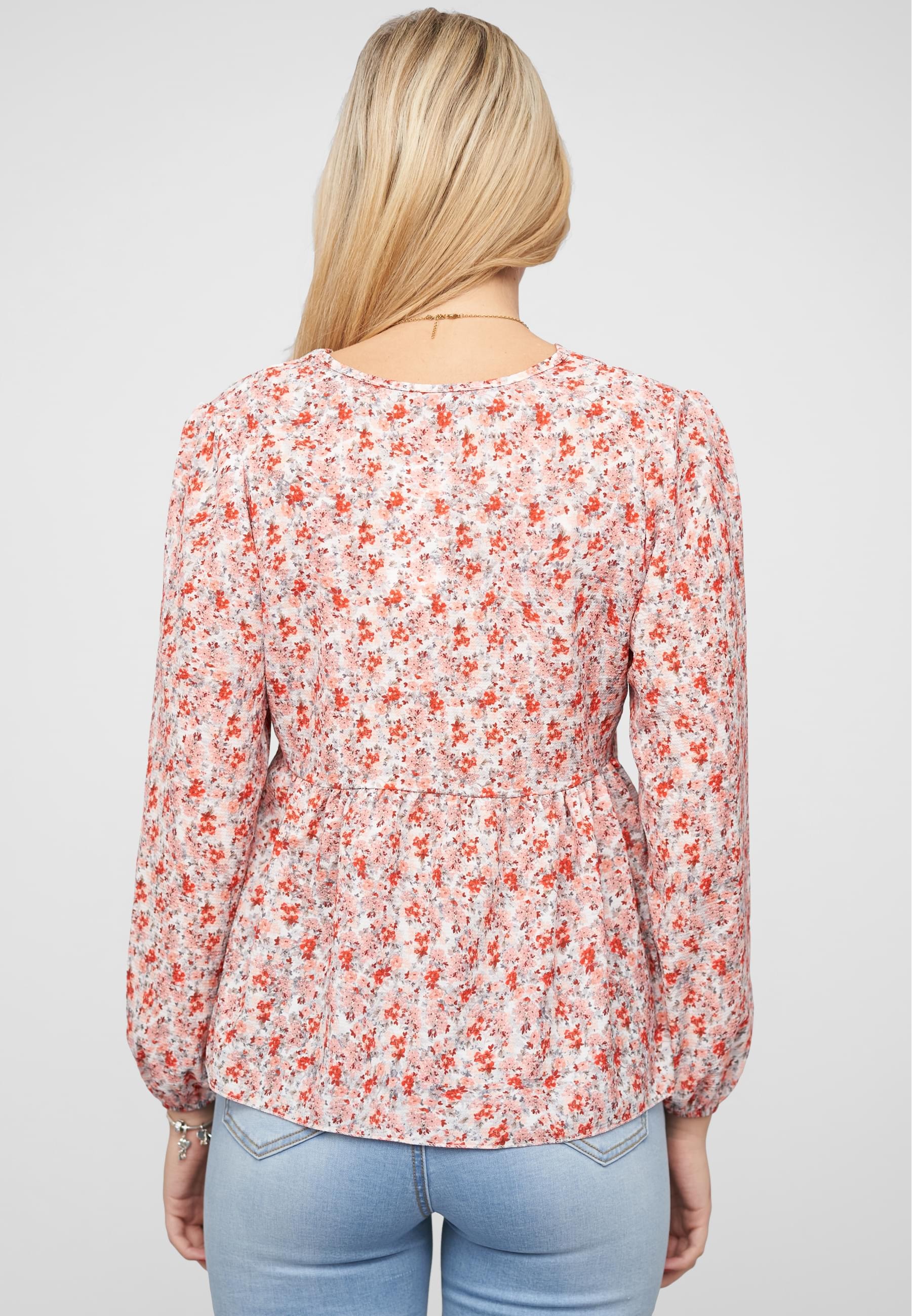 CLOUD 5IVE Langarmhemd »CLOUD 5IVE V-Neck Bluse mit Rüschendetails und Blumen Print«