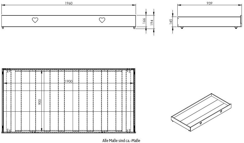 Vipack Bettschubkasten »Amori« Made in Europe,  Bettschublade auf Rollen für das Hausbett Amori, Innenmaß 90 x 190 cm