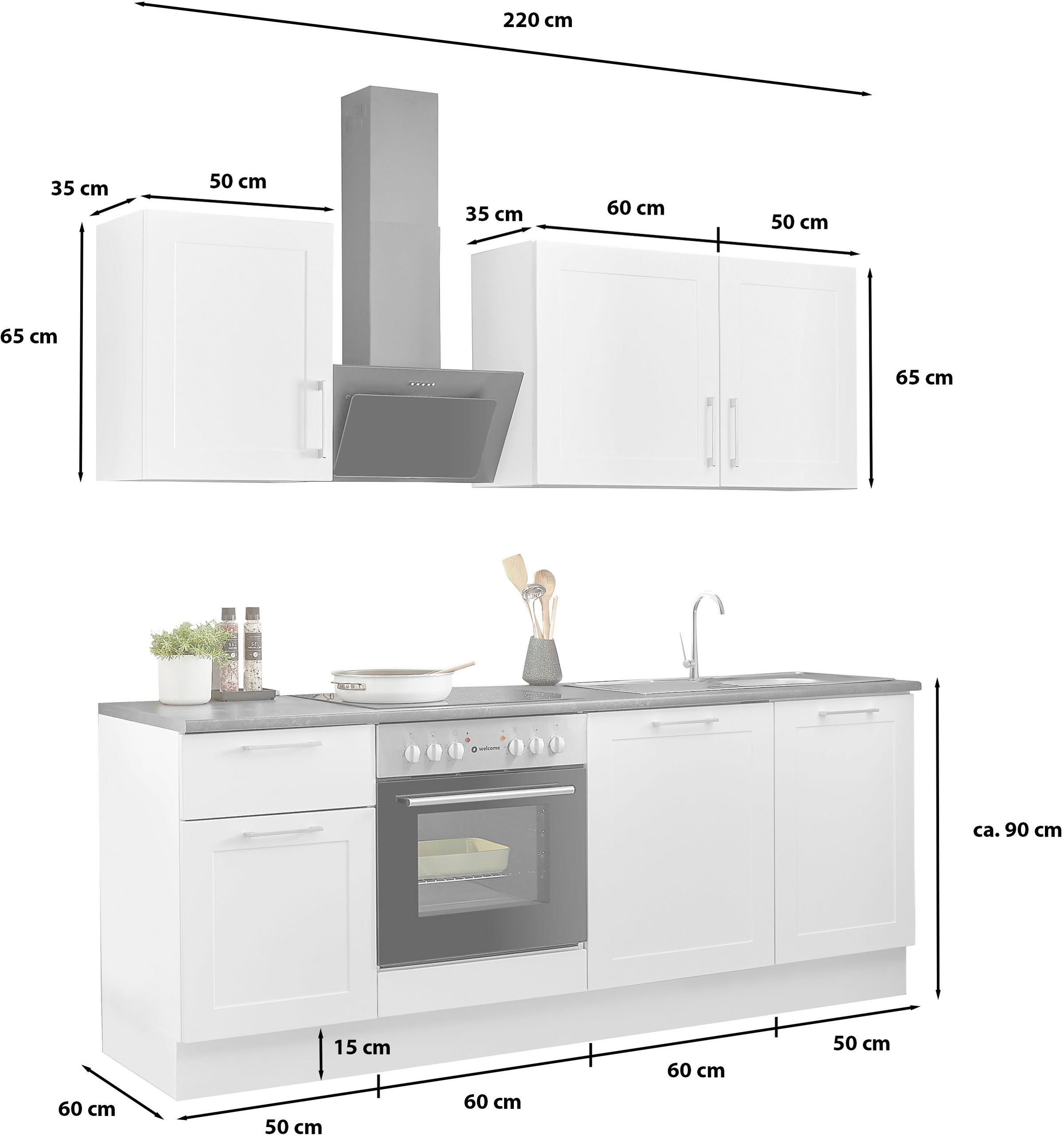BASIC by Balculina Küchenzeile »Marsi« Breite 220 cm, wahlweise mit E-Geräten, mit Soft-Close-Funktion