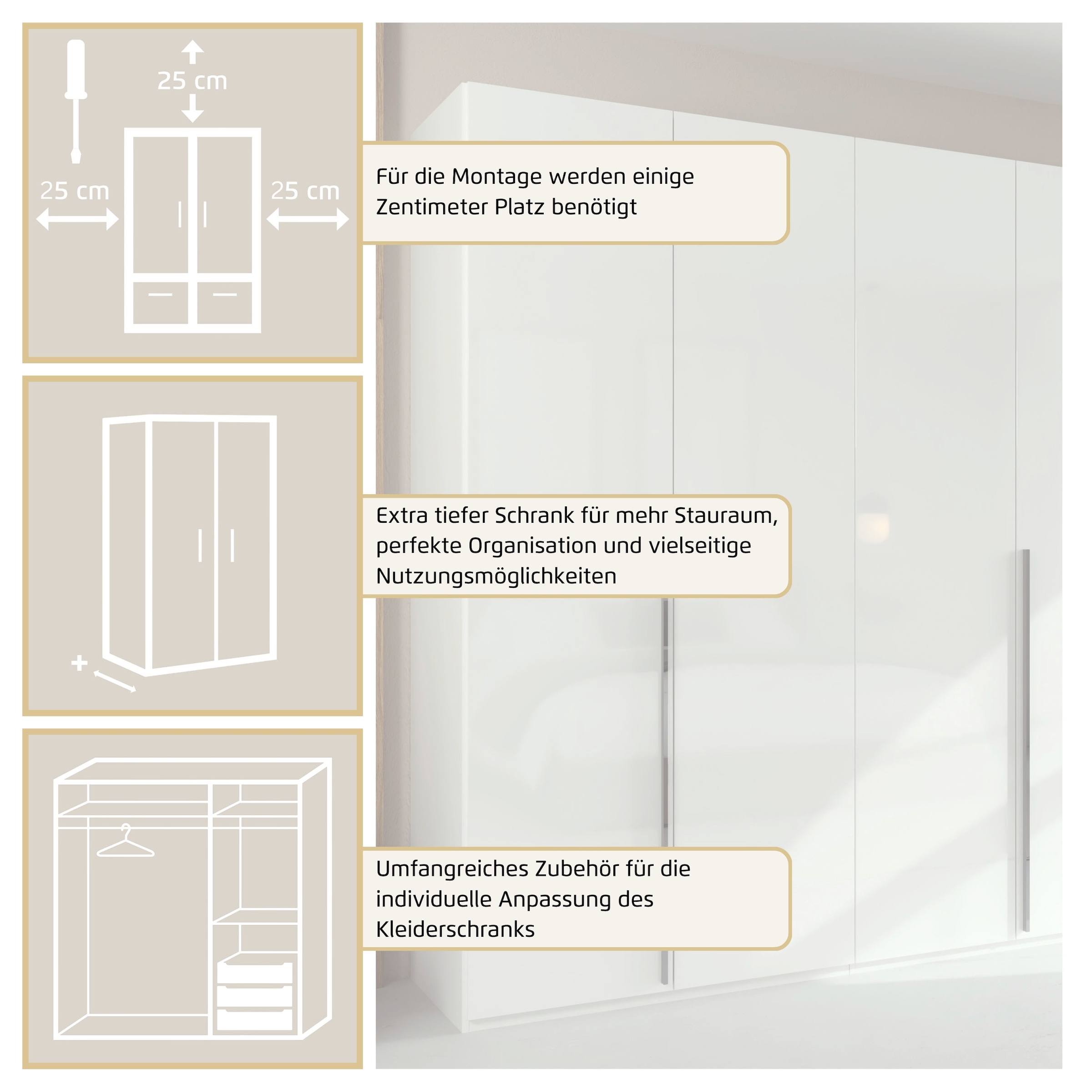 rauch Drehtürenschrank »Kleiderschrank Schrank Garderobe Wäscheschrank BESTSELLER MONTCLAR« 3 Ausstattungen BASIC/CLASSIC/PREMIUM, Breiten 201/251/301/350/400 cm,  Front in Glas/Hochglanz/Dekor/Grauspiegel in 5 Breiten MADE IN GERMANY