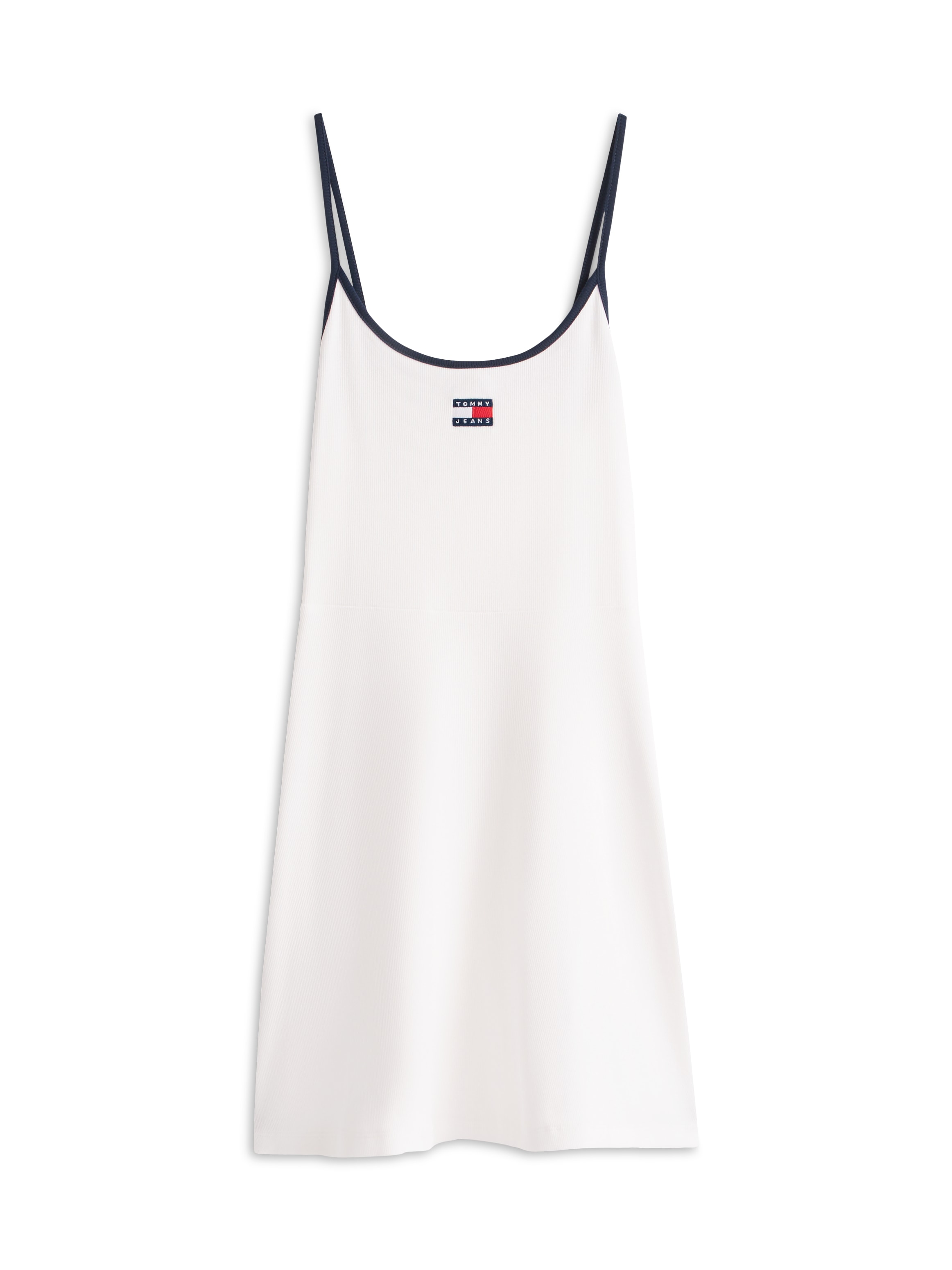Tommy Jeans Spaghettikleid »TJW F&F STRAPPY BADGE DRESS« Fit and Flare, gerippt, mit Kontrastdetails