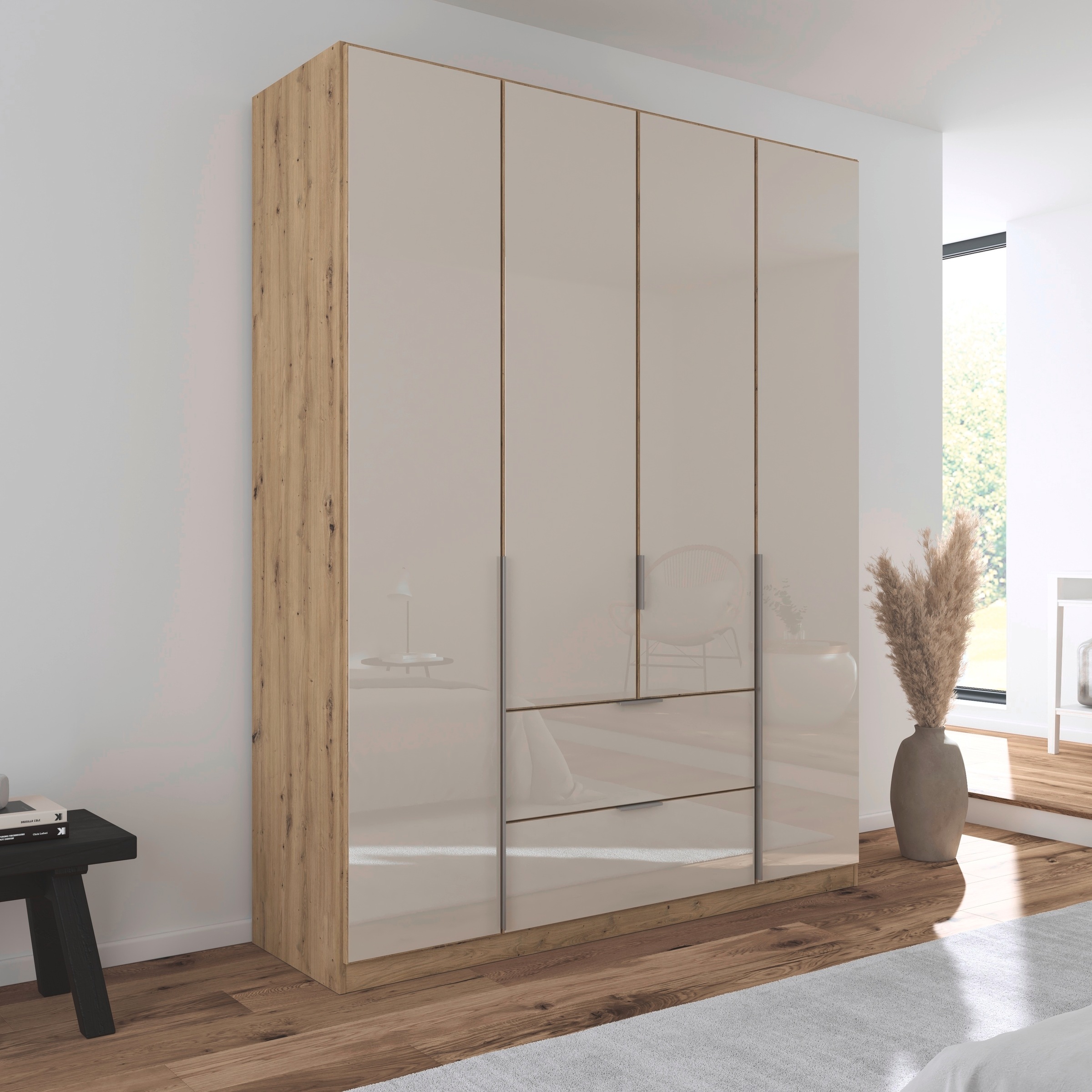 rauch Drehtürenschrank »Kleiderschrank Kleiderschränke Schrank Garderobe AGORDO mit Glasfront«, (in zwei Griff-Farben mit Glasfront), mit Außenschubkästen, in 6 Breiten und 2 Höhen MADE IN GERMANY