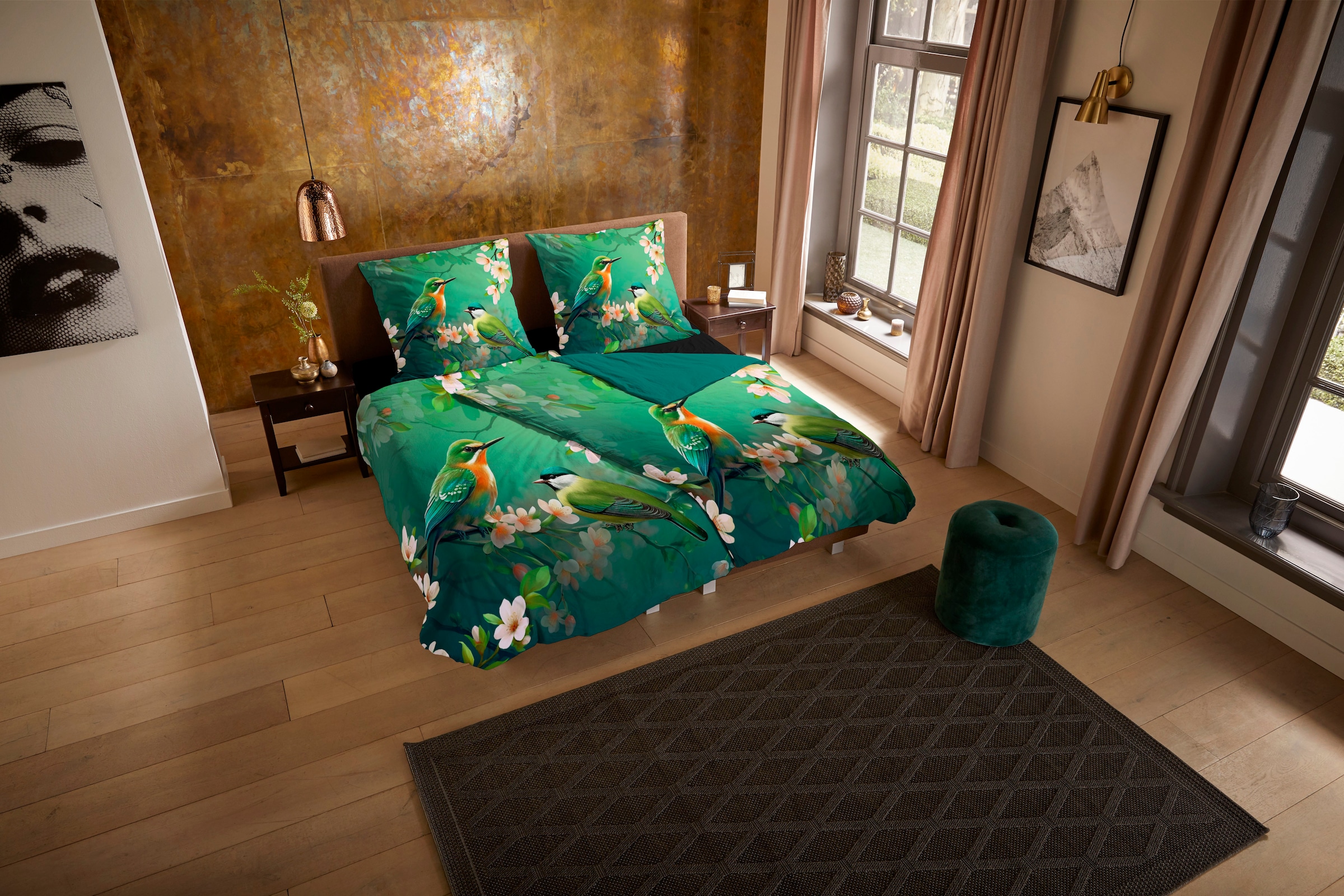 PURE luxury collection Wendebettwäsche »Signi«, 135x200, Pflegeleicht, Reißverschluss, Wendeoptik, Blumen, Vogel, Grün