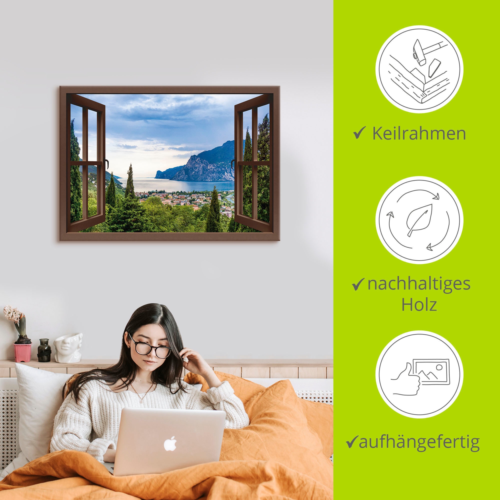 Artland Wandbild »Gardasee durchs braune Fenster«, Seebilder, (1 St.), als Alubild, Outdoorbild, Leinwandbild, Poster in verschied. Größen