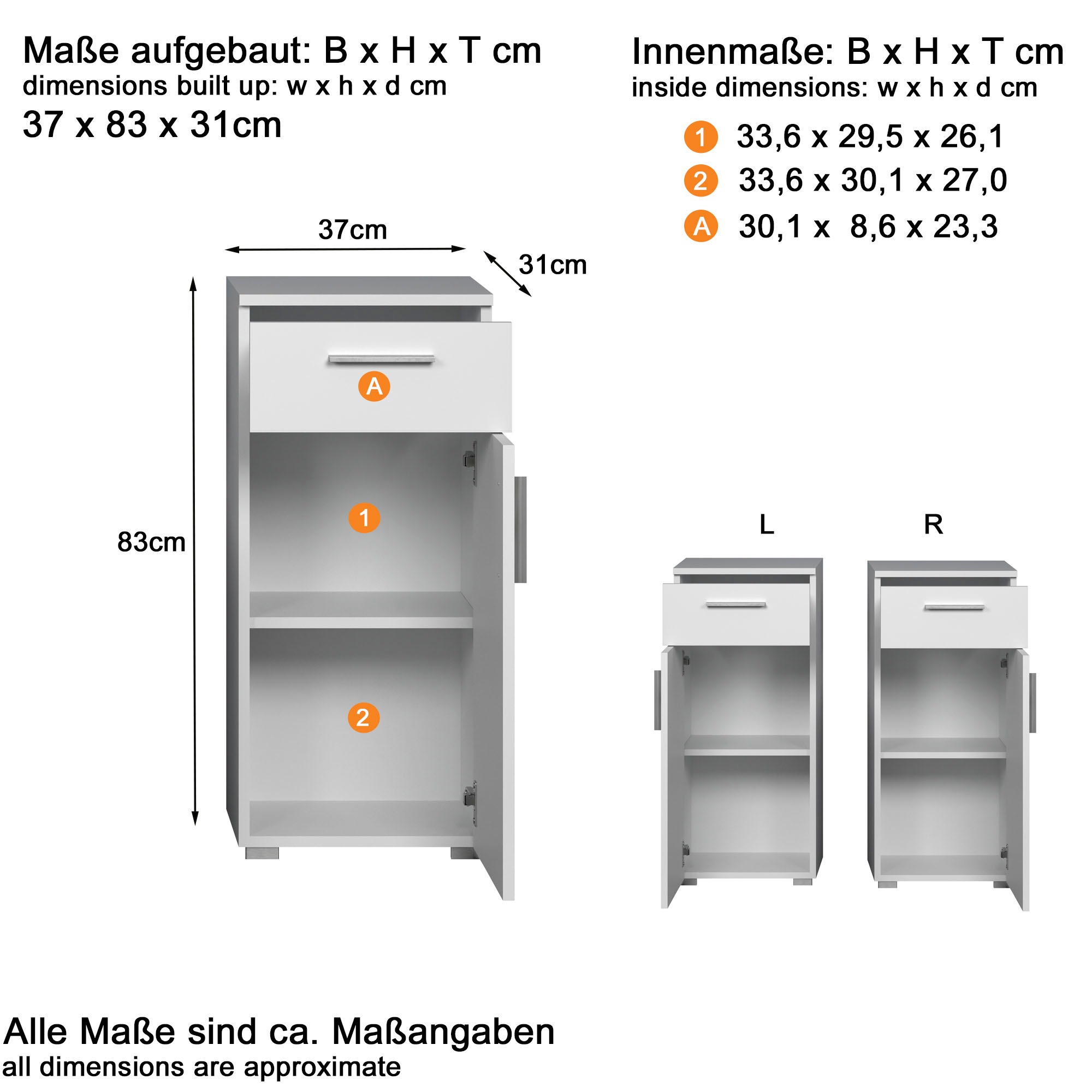 welltime Unterschrank »Prag«, (1 St.), Standschrank mit 1 Tür, 1 Schublade - (B/T/H) 37/31/83 cm