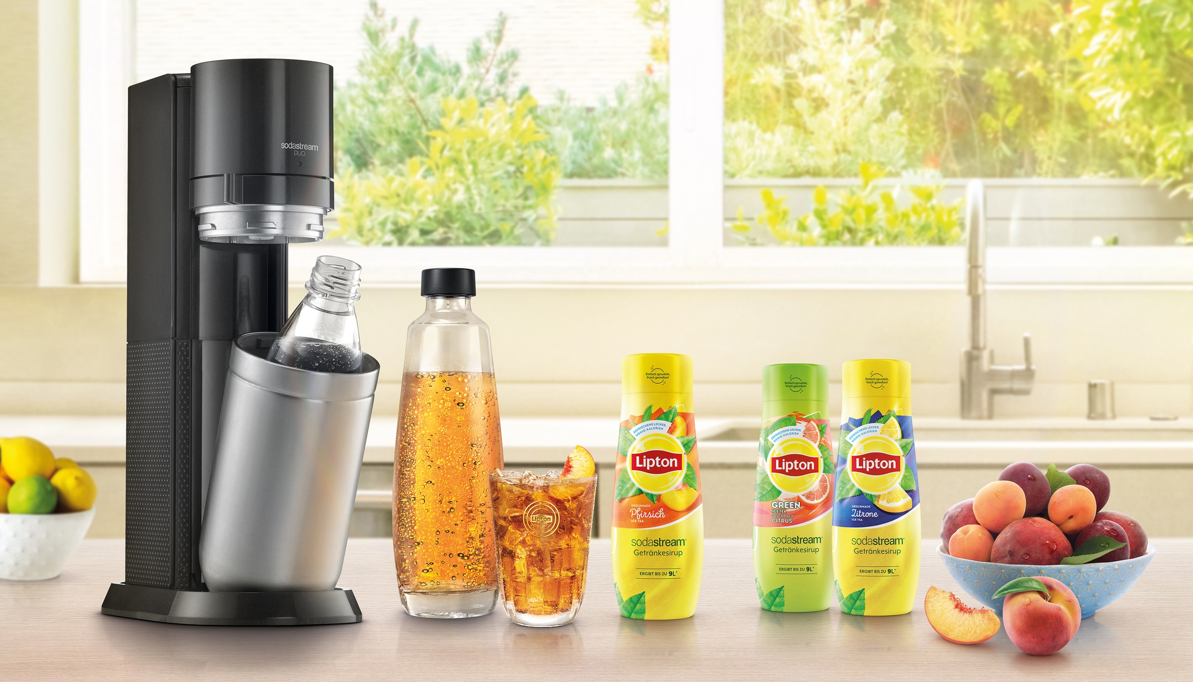 SodaStream Getränke-Sirup, (3 Flaschen), 2xPfirsich +1x Lipton Zitrone IceTea je 440ml, 9L Fertiggetränk