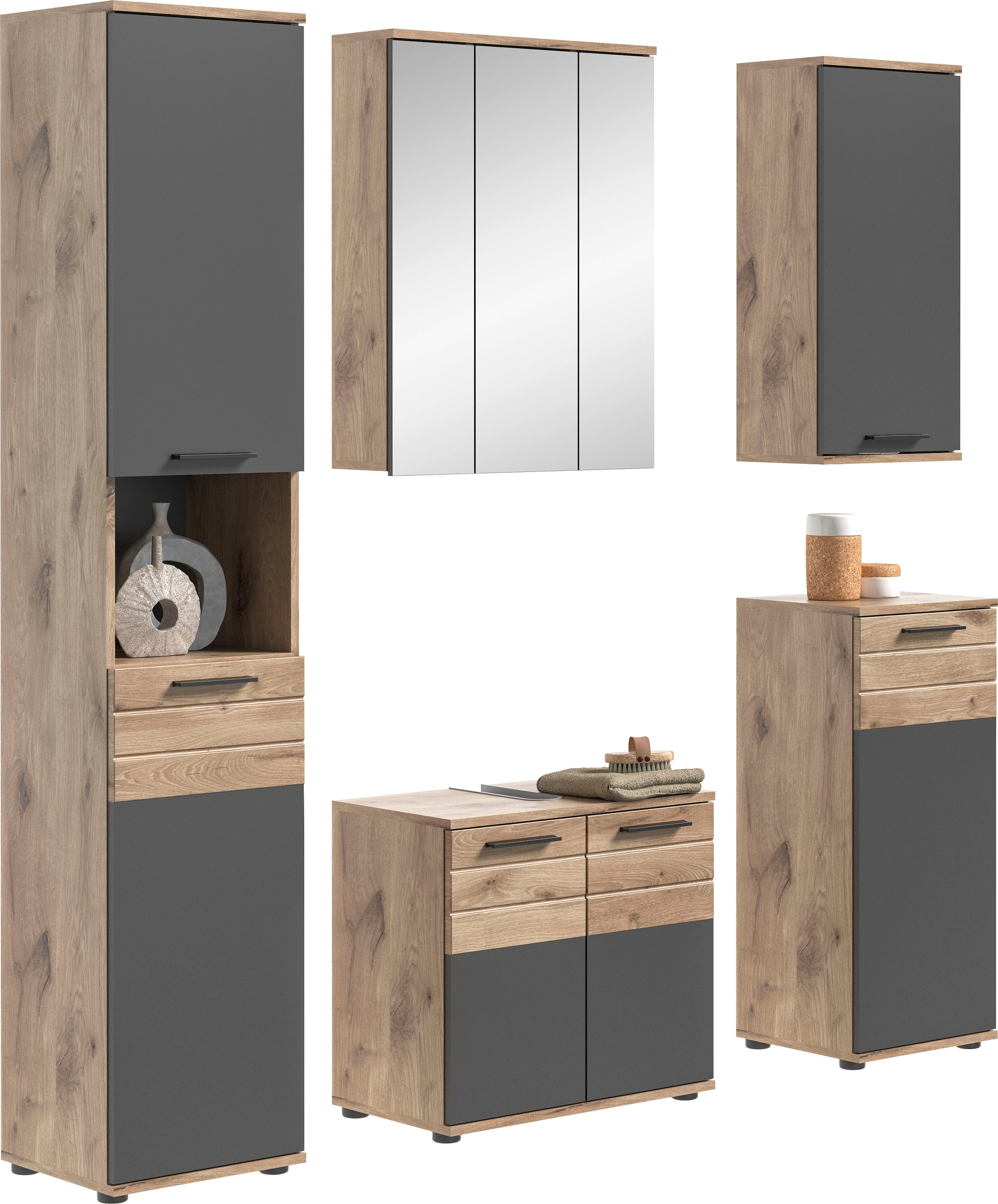 INOSIGN Badmöbel-Set »Riga, 5 teilig, bestehend aus:«, (Set, 5 St.), Hochschrank, WBU, Spiegel, Unterschrank, Hängeschrank