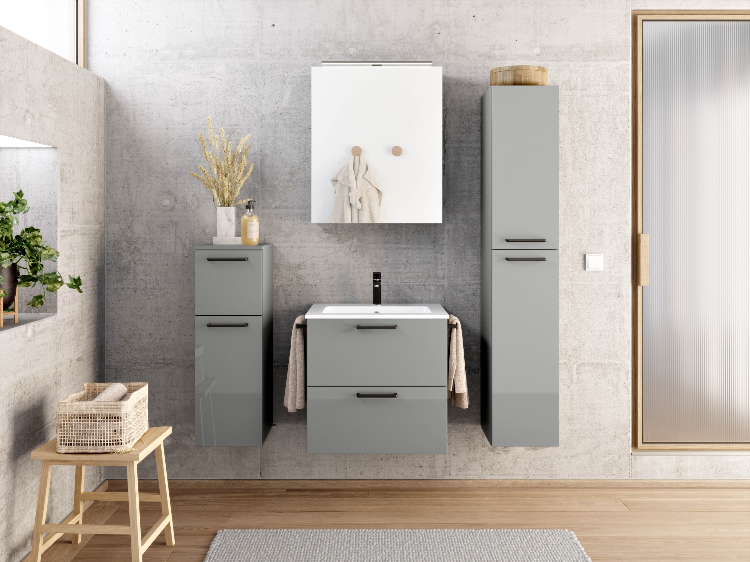 nobilia® Badmöbel-Set »Tolvina«, (4 St., vormontiert, mit Soft-Close), inkl. Spiegelschrank mit Beleuchtung und Dimmerfunktion, in 4 Breiten