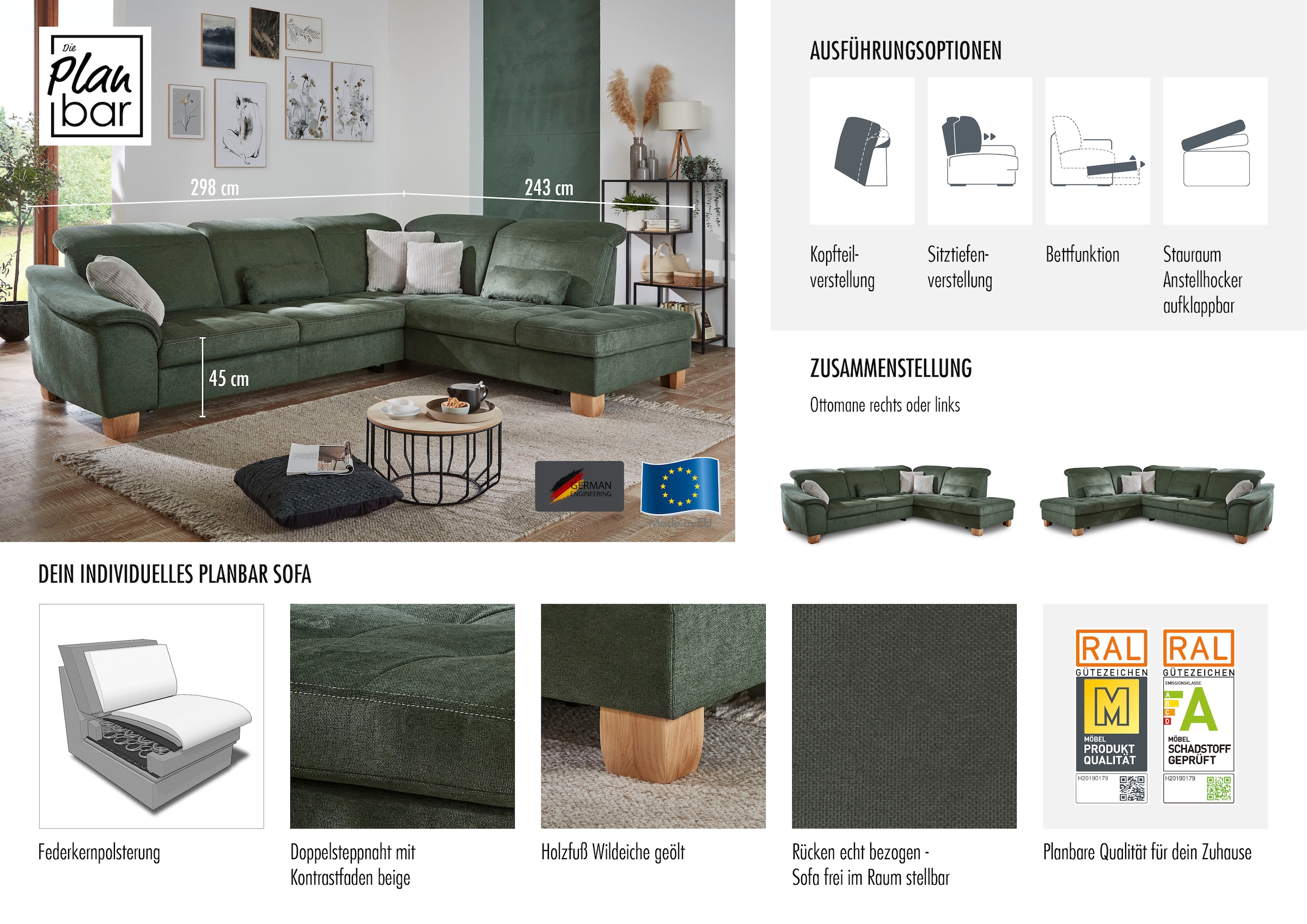 Die PlanBar Ecksofa »PP-LA23145 L-Form« inkl. Kopfpolsterverstellung, Federkernpolsterung