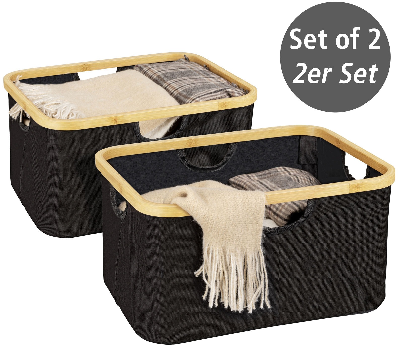WENKO Wäschekorb »Modell Ecori«, (Set, 2 St.), Aufbewahrungskörbe, recyceltes Polyester mit Bambusrahmen
