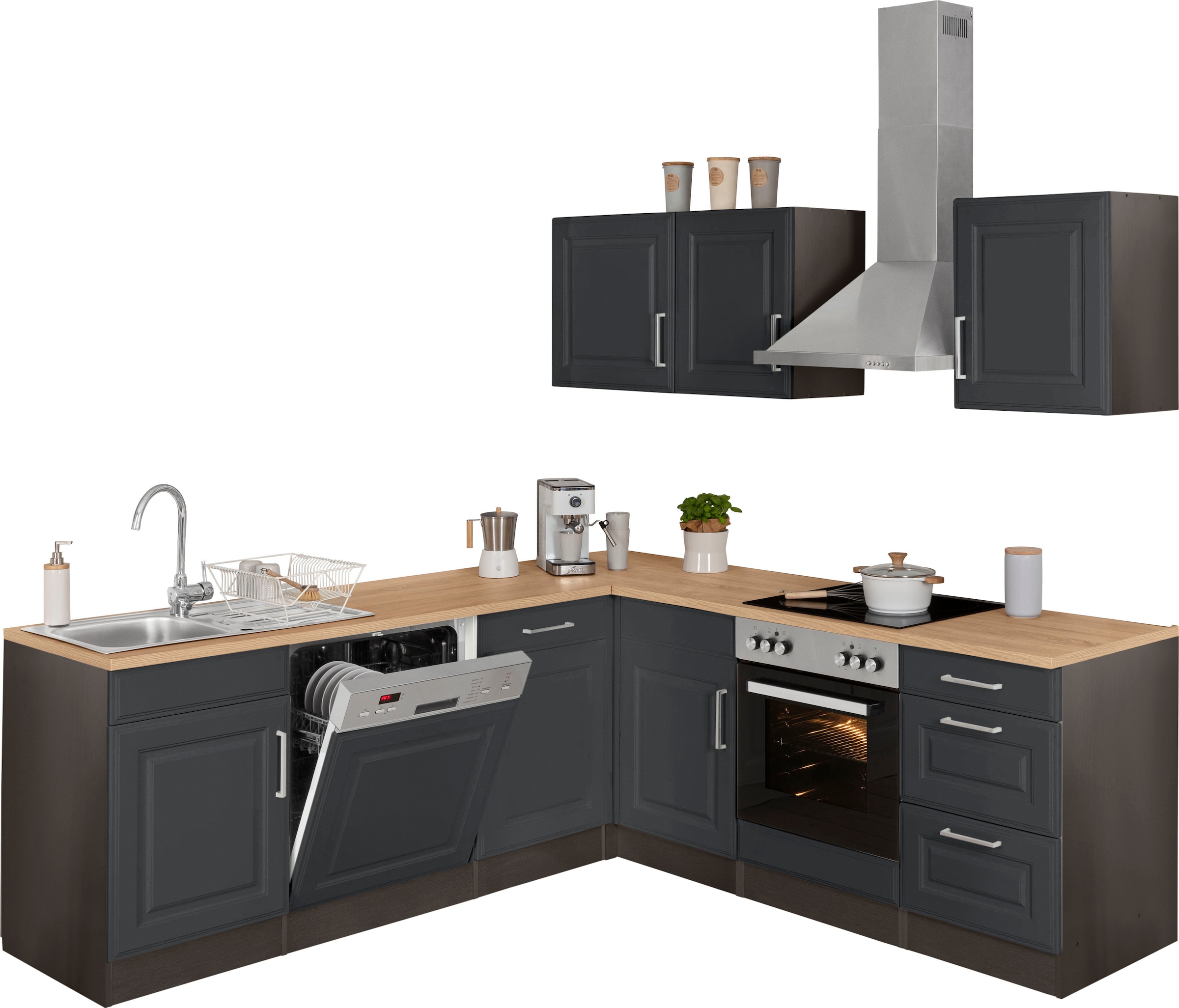 KOCHSTATION Winkelküche »KS-Stockholm« Stellbreite 220/220 cm, mit hochwertigen MDF Fronten im Landhaus-Stil