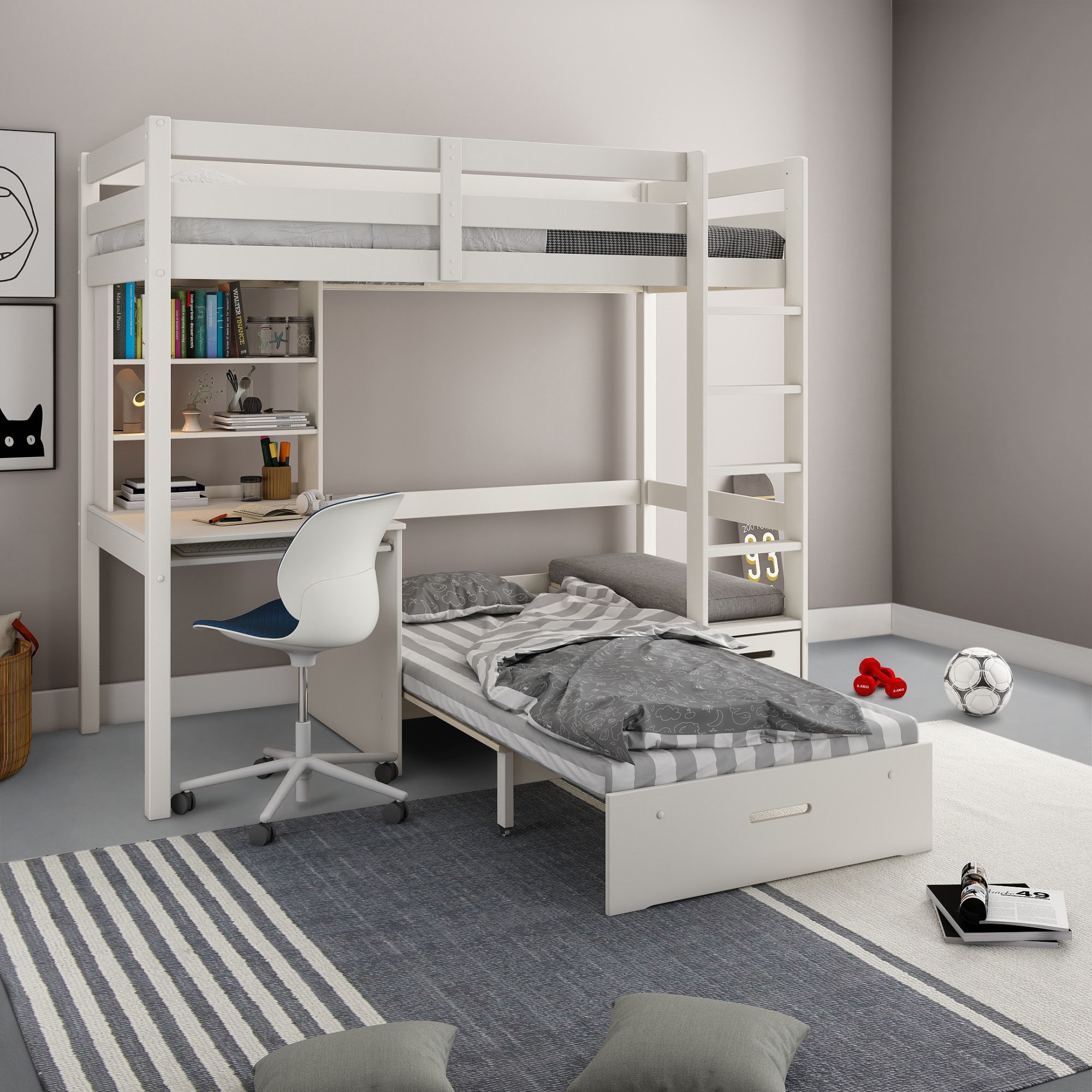 Lüttenhütt Etagenbett »Stockbett, Doppelstockbett "HENNE " zertifiziertes Massivholz«, mit Schreibtisch, Regale, ausziehbarem Sessel,OHNE MATRATZEN/AUFLAGEN!