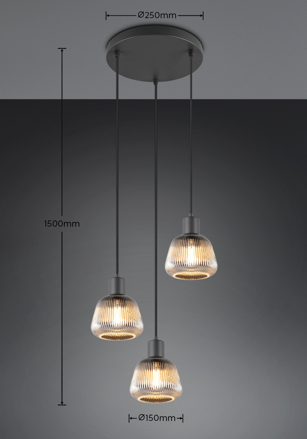 TRIO Leuchten Pendelleuchte »TARIFA, 3-flammige Hängeleuchte exkl 3xE27 max 25W, Glas Hängelampe«, 3 flammig, Leuchtmittel E27 | Leuchtmittel wechselbar, höhenverstellbar max 150cm Glas in Riffeloptik und leicht verspiegelt