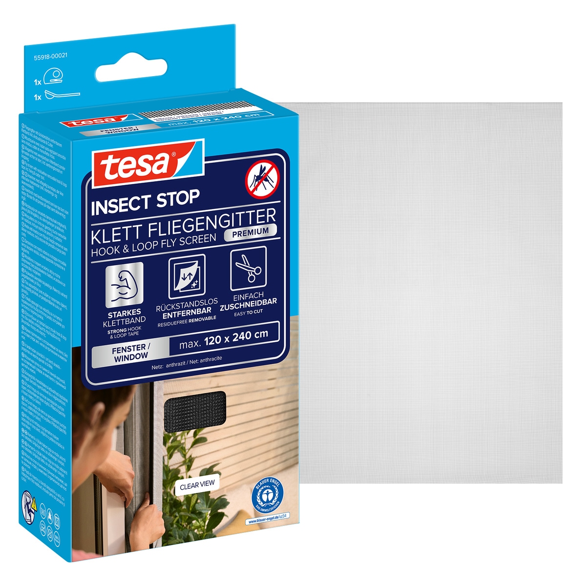 tesa Fliegengitter-Gewebe »Premium für Fenster, Insektenschutz mit Klettband - 120 x 240 cm« Packung, Fliegennetz, Klettband, Andrück und Schneidehilfe, 1 Stk. tlg. Insektenschutzgitter - ohne Bohren - zuschneidbar