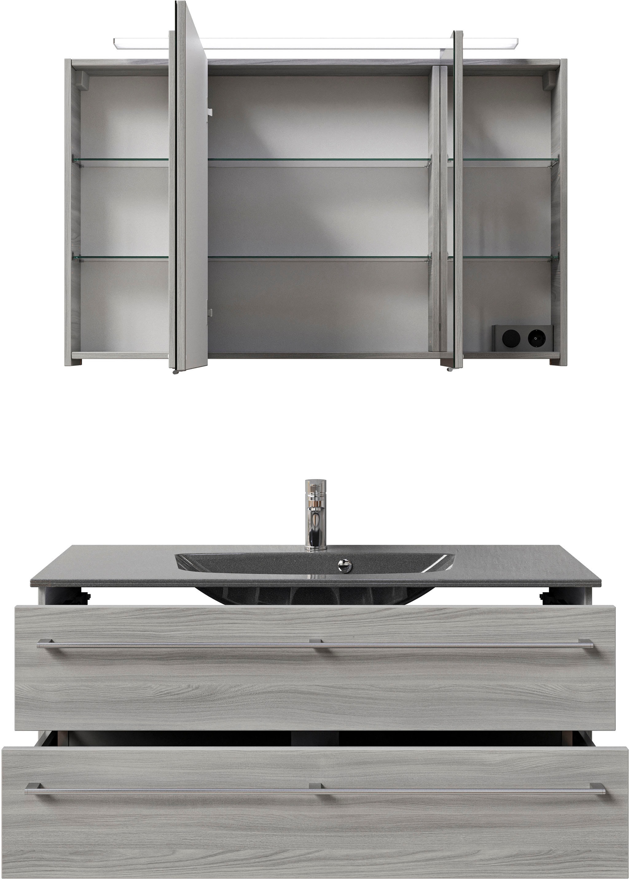 Saphir Badmöbel-Set »Serie 6025 2-teilig Mineralmarmor-Waschtisch mit LED-Spiegelschrank«, (2 St.), Waschplatz 117cm breit, 2 Schubladen, 3 Spiegel-Türen, inkl Türdämpfer