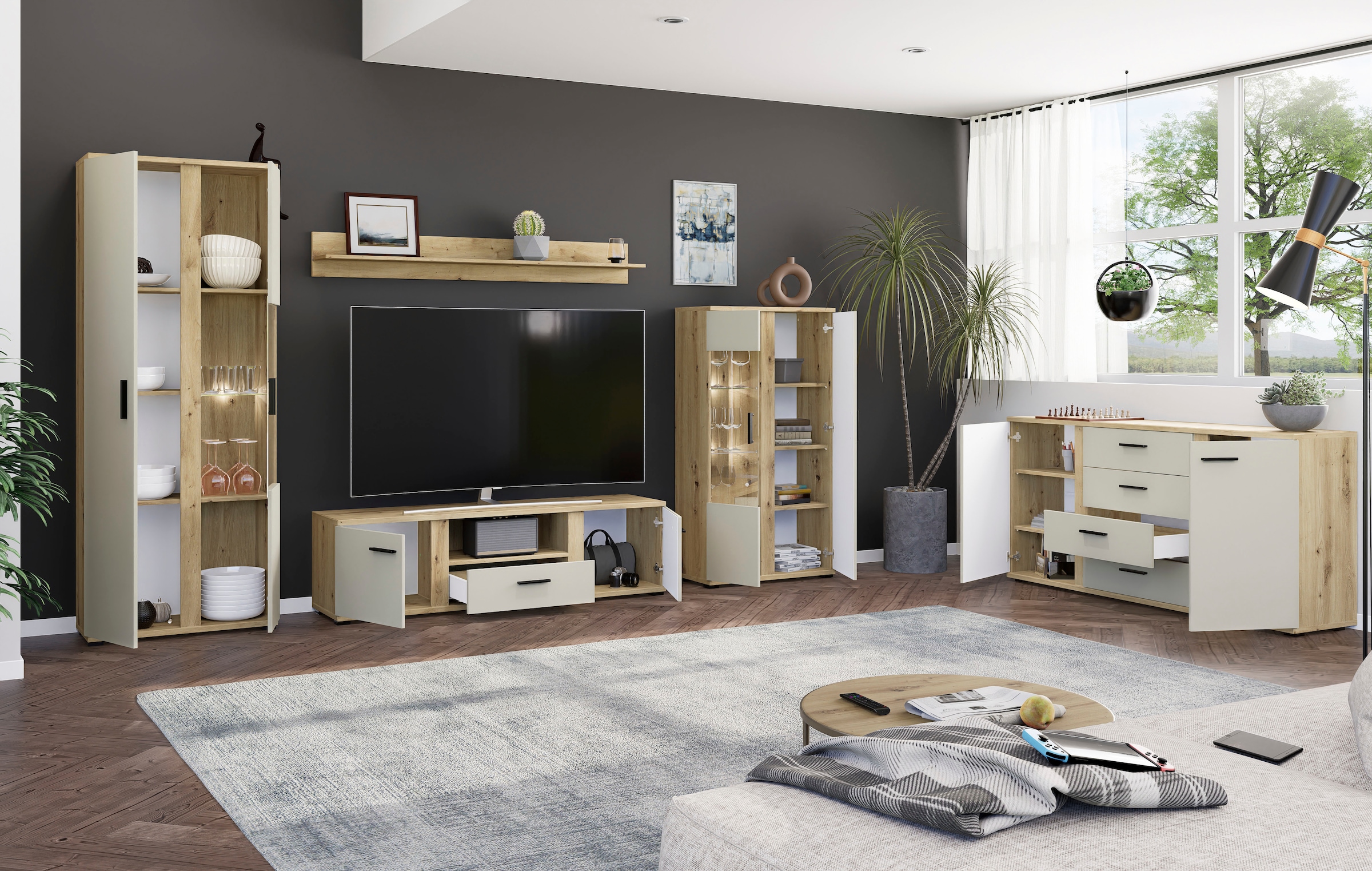 HBZ Wohnwand »Kanada Wohnwand, BxHxT 340x196x40«, (4 St.), Breite 340cm, Unterflurauszug, Melaminbeschichtung
