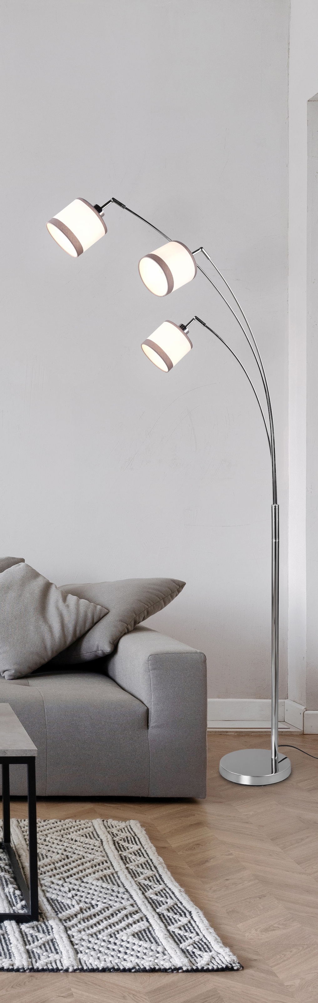REALITY Leuchten Stehlampe »DAVOS, Stehleuchte 3-flammig exkl 3xE14 max 28W Fußschalter 185cm hoch«, 3 flammig, Leuchtmittel E14 | Leuchtmittel wechselbar, Stehlampe Metall mit 2-farbigen Stoffschirmen Bogenlampe Bogenleuchte