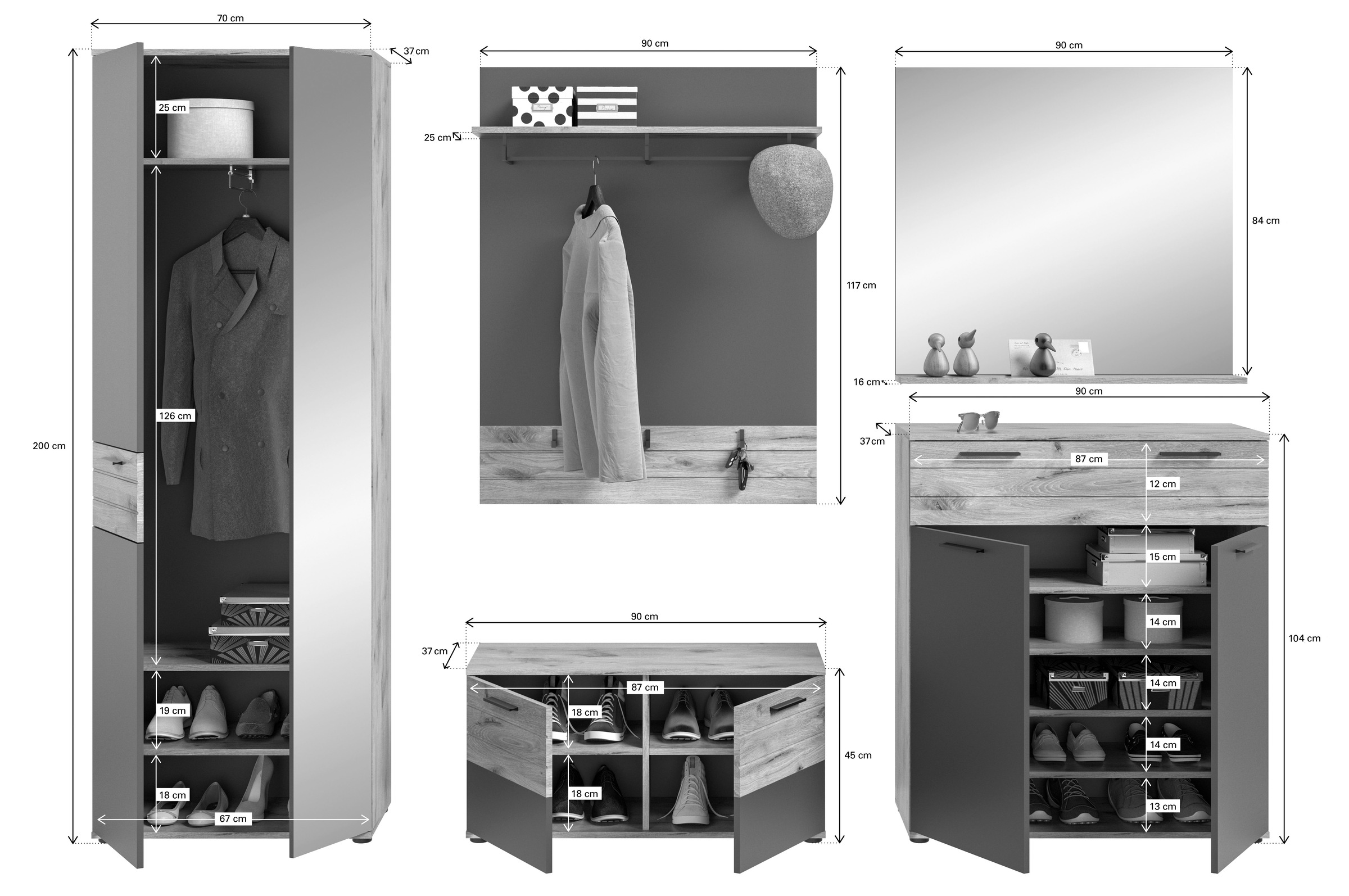 INOSIGN Garderoben-Set »Riga, Breite 280 cm, hochwertige Rillenfräsung, 5-teilig, best. aus:«, (Set, 5 St.), Garderobenschrank, Sitzbank, Paneel, Garderobenspiegel, Schuhkommode