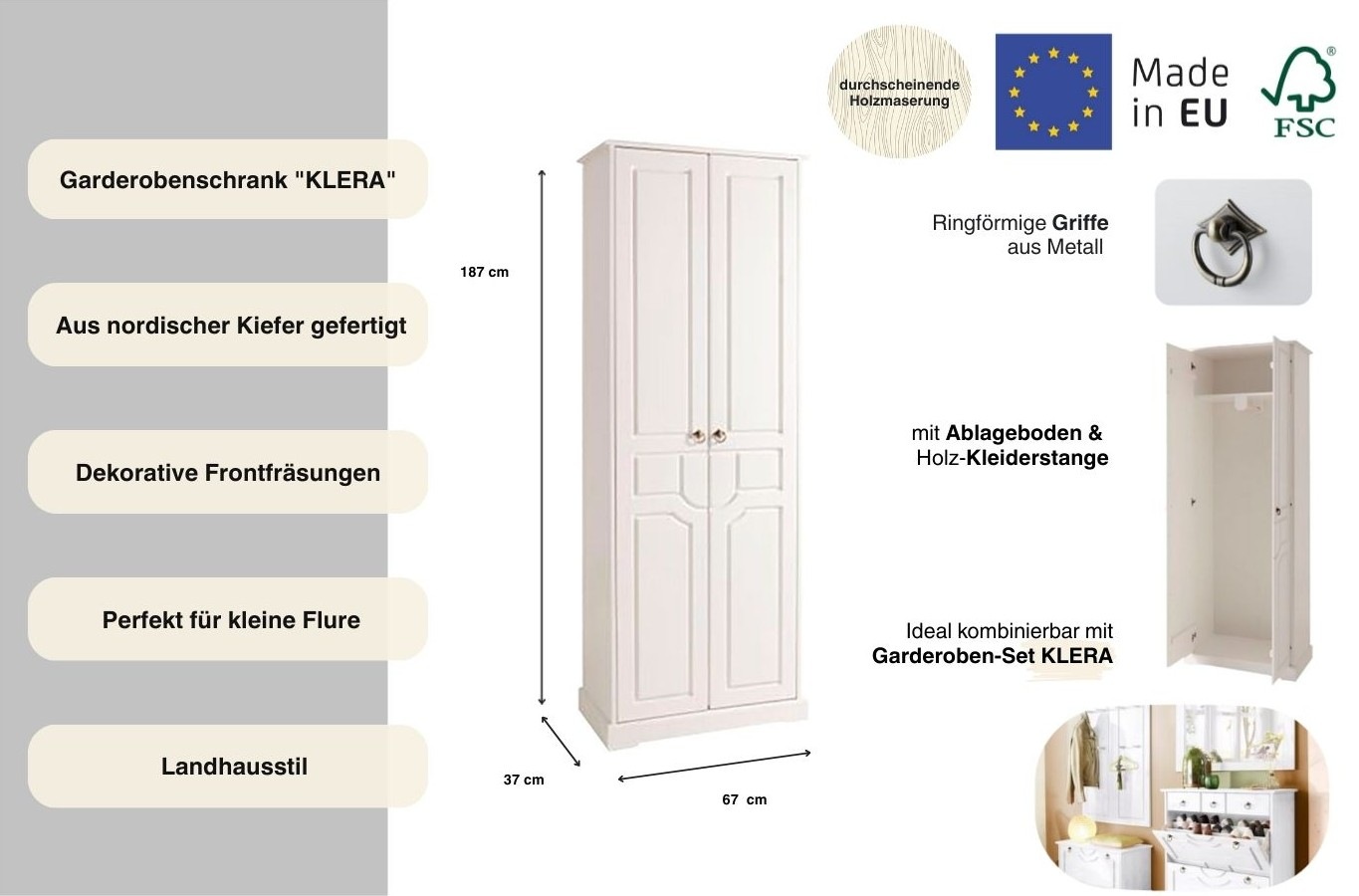 Home affaire Garderobenschrank »Klera«, Breite 67 cm, aus massiver Kiefer, FSC®-zertifiziert