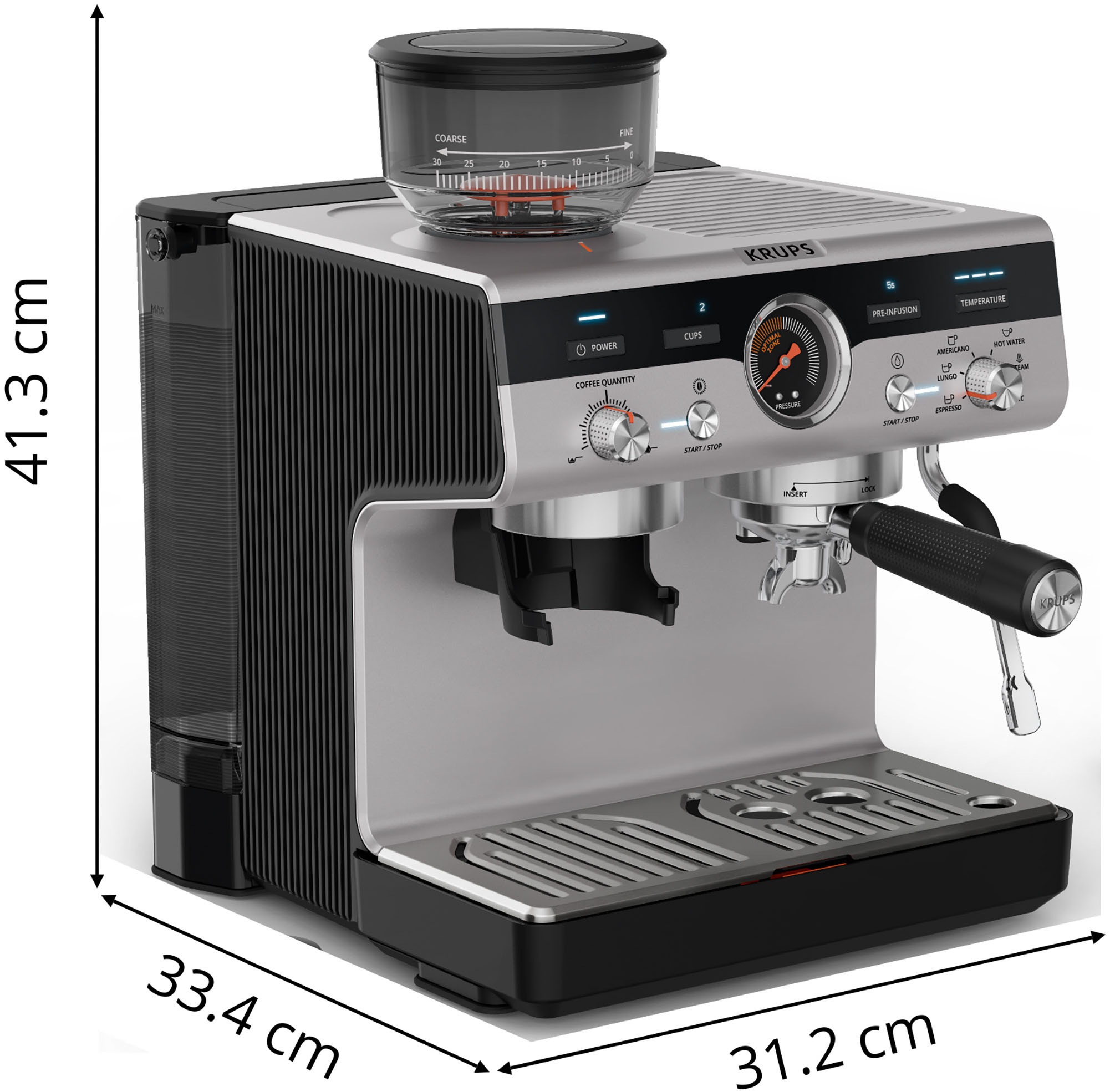 Krups Siebträgermaschine »XP801T Precision«, mit Mahlwerk, intuitive Bedienfläche, Pre-Infusion-Einstellungen