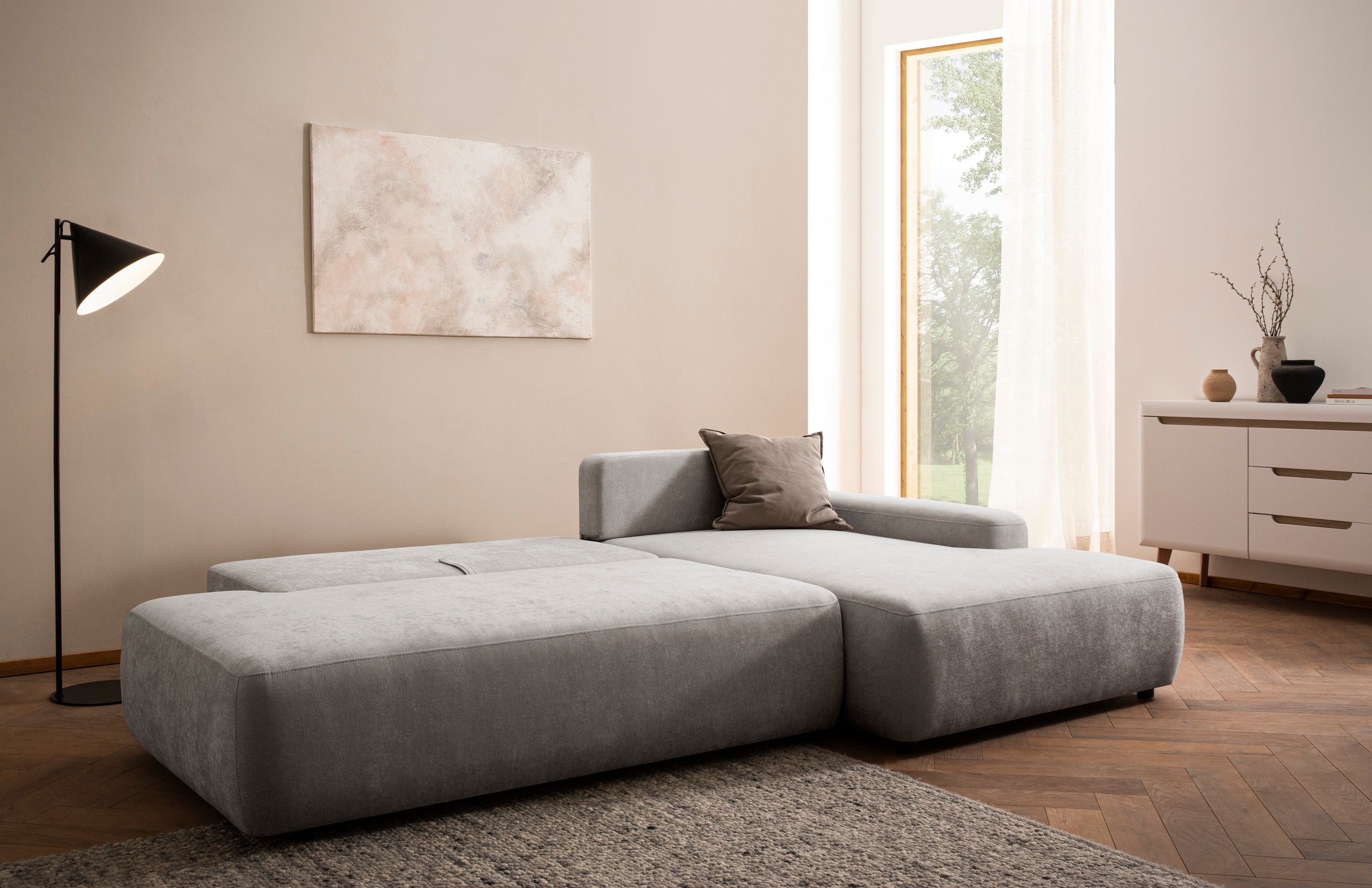 INOSIGN Ecksofa »TORGE, Schlafsofa Cord, Samtvelours u. Strukur fein, Couch in L-Form«, Schlaffunktion und Bettkasten, Liegefläche: 210x125 cm, neues Design