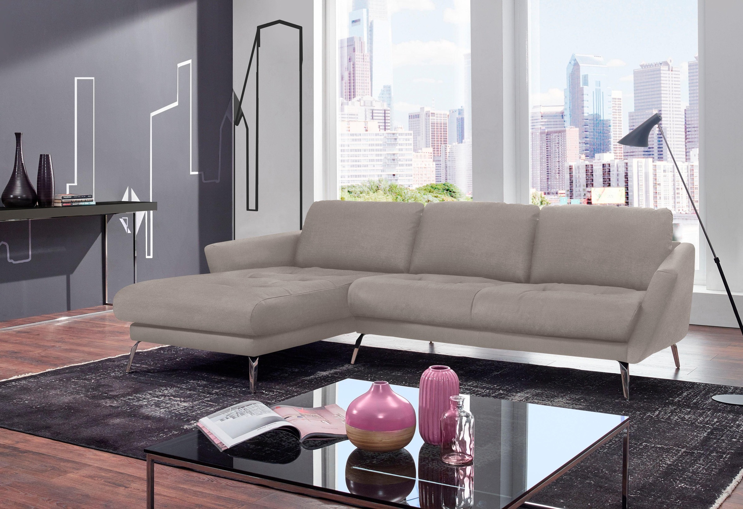 W.SCHILLIG Ecksofa »softy, Designsofa, zeitlos und elegant, hoher Sitzkomfort, L-Form«, mit dekorativer Heftung im Sitz, Füße Chrom glänzend
