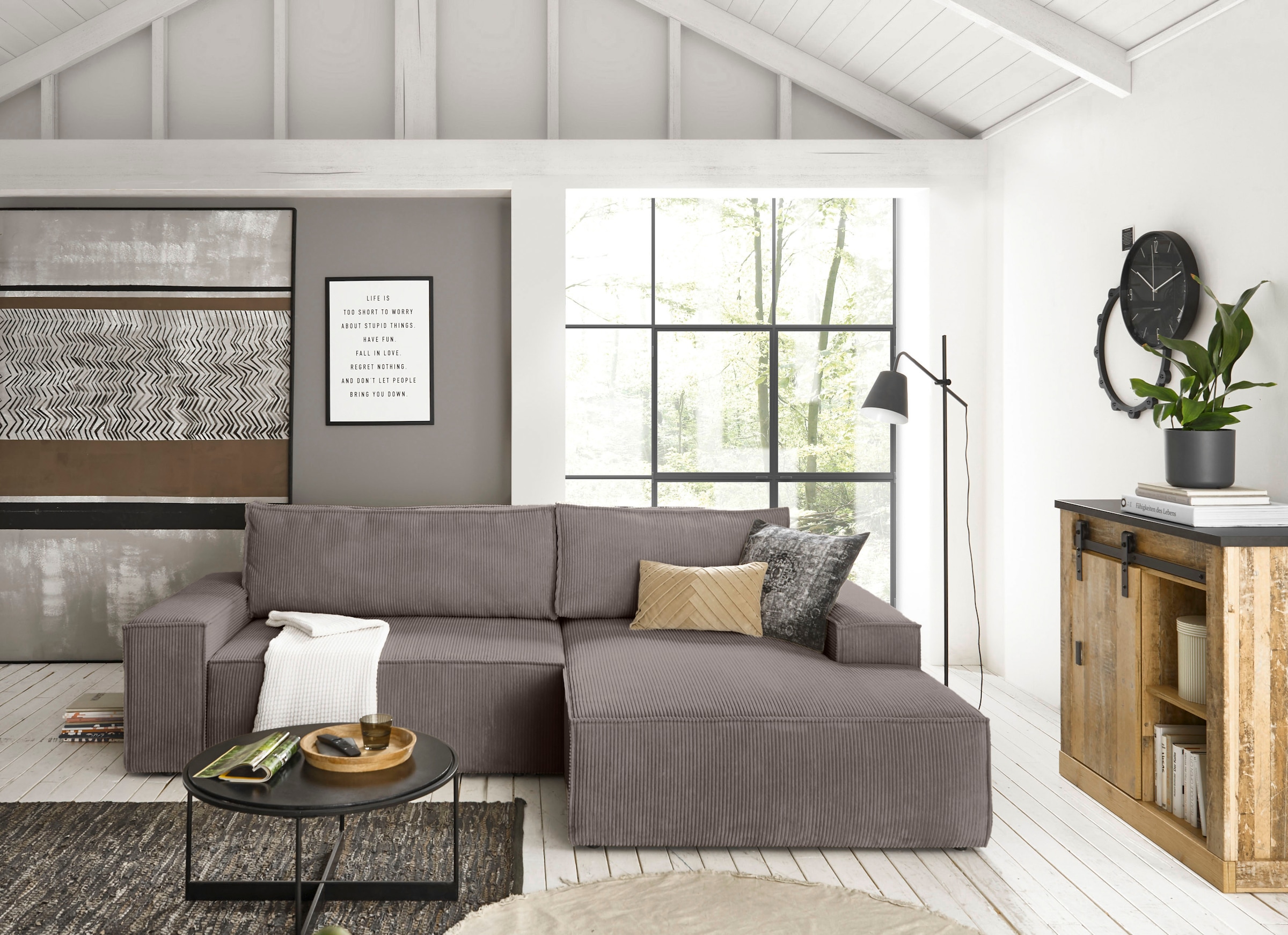 Home affaire Ecksofa »SHERWOOD Schlafsofa 267 cm, L-Form,«, Schlaffunktion mit Bettkasten (210x136 cm), Cord, Vintage, Samtvelours