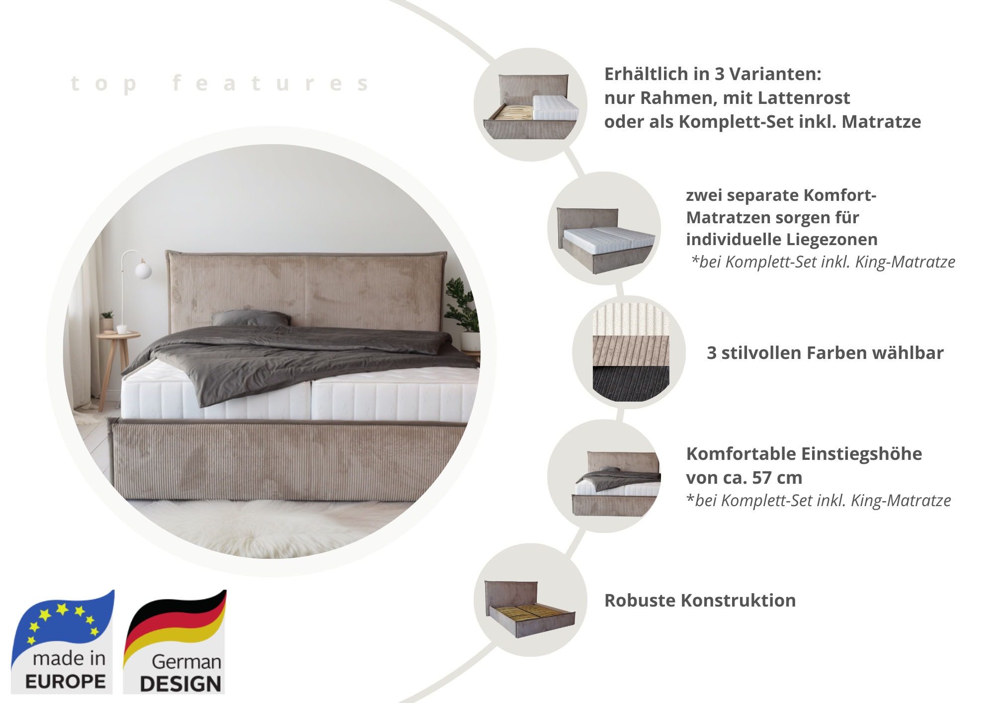 COLLECTION AB Polsterbett »Marla erhältlich in der Breite 180x200cm, mit Cordstoff bezogen«, wahlweise mit Lattenrost und King-Matratze (28cm)