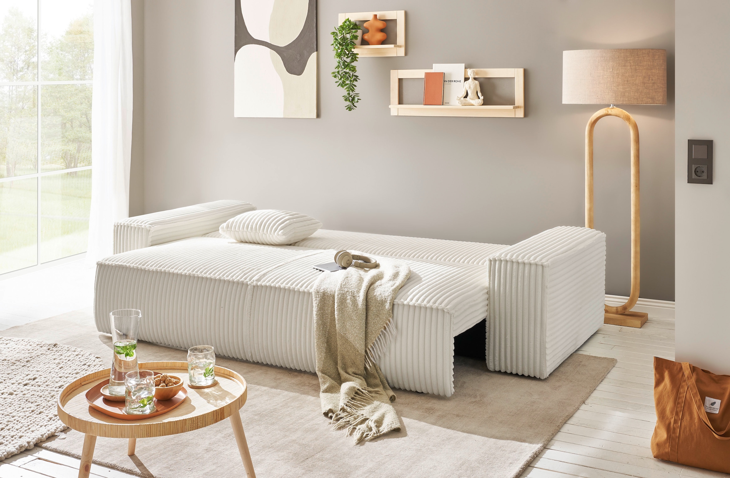 andas 3-Sitzer »FINNLEY Schlafsofa 257 cm, Schlaffunktion mit Bettkasten (200/136cm)«, in Aqua Clean-Bouclé, Struktur fein u. Cord