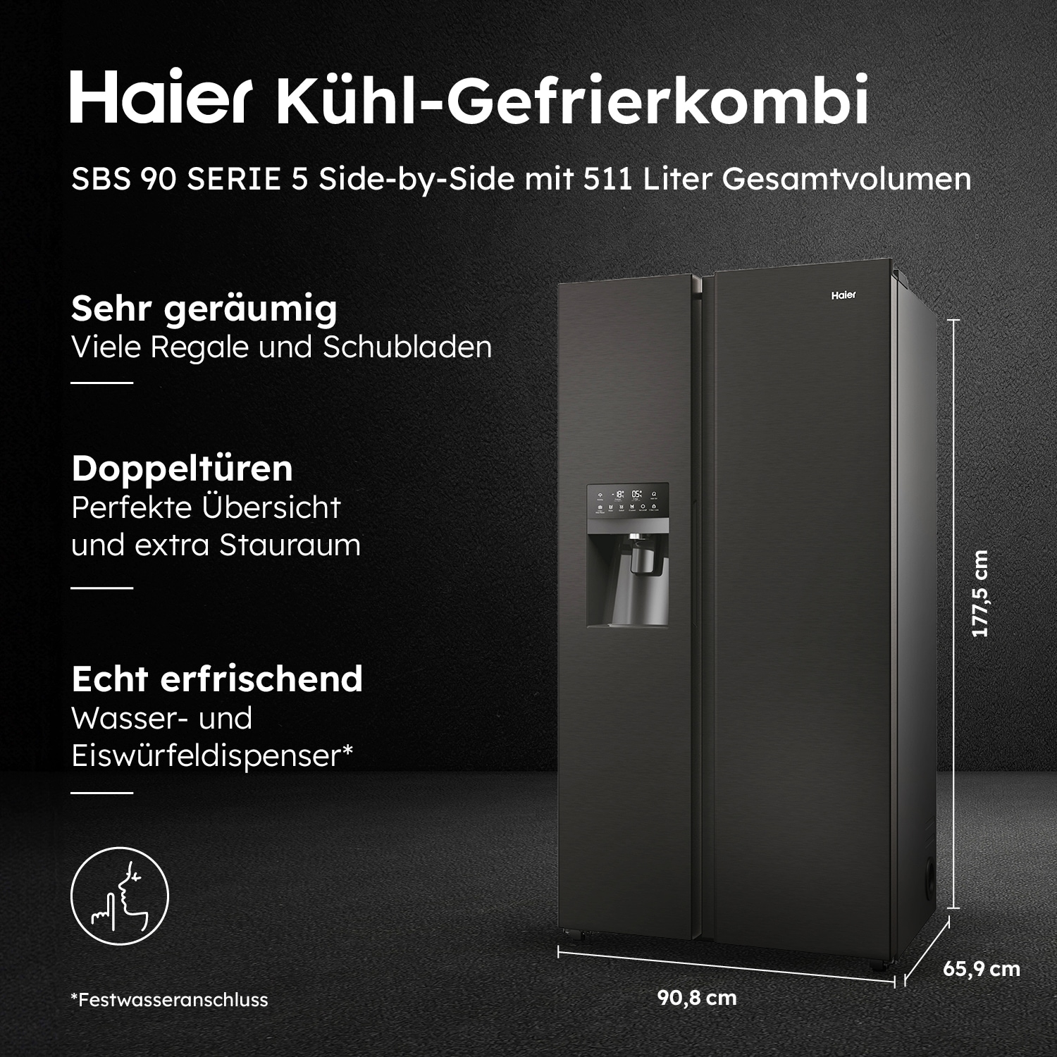 Haier Side-by-Side SBS 90 Series 5 »HSR5918DIPB«, 178 cm hoch, 91 cm breit, Nutzinhalt: 511 Liter, Multi Airflow