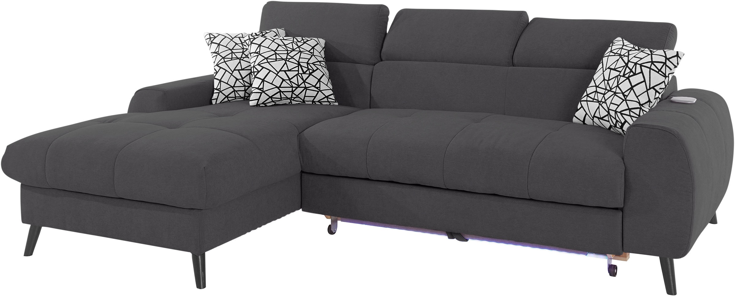 COTTA Ecksofa »Mia L-Form mit 3 Zierkissen«, wahlweise mit Bettfunktion, Bettkasten, Beleuchtung & Wireless-Charger