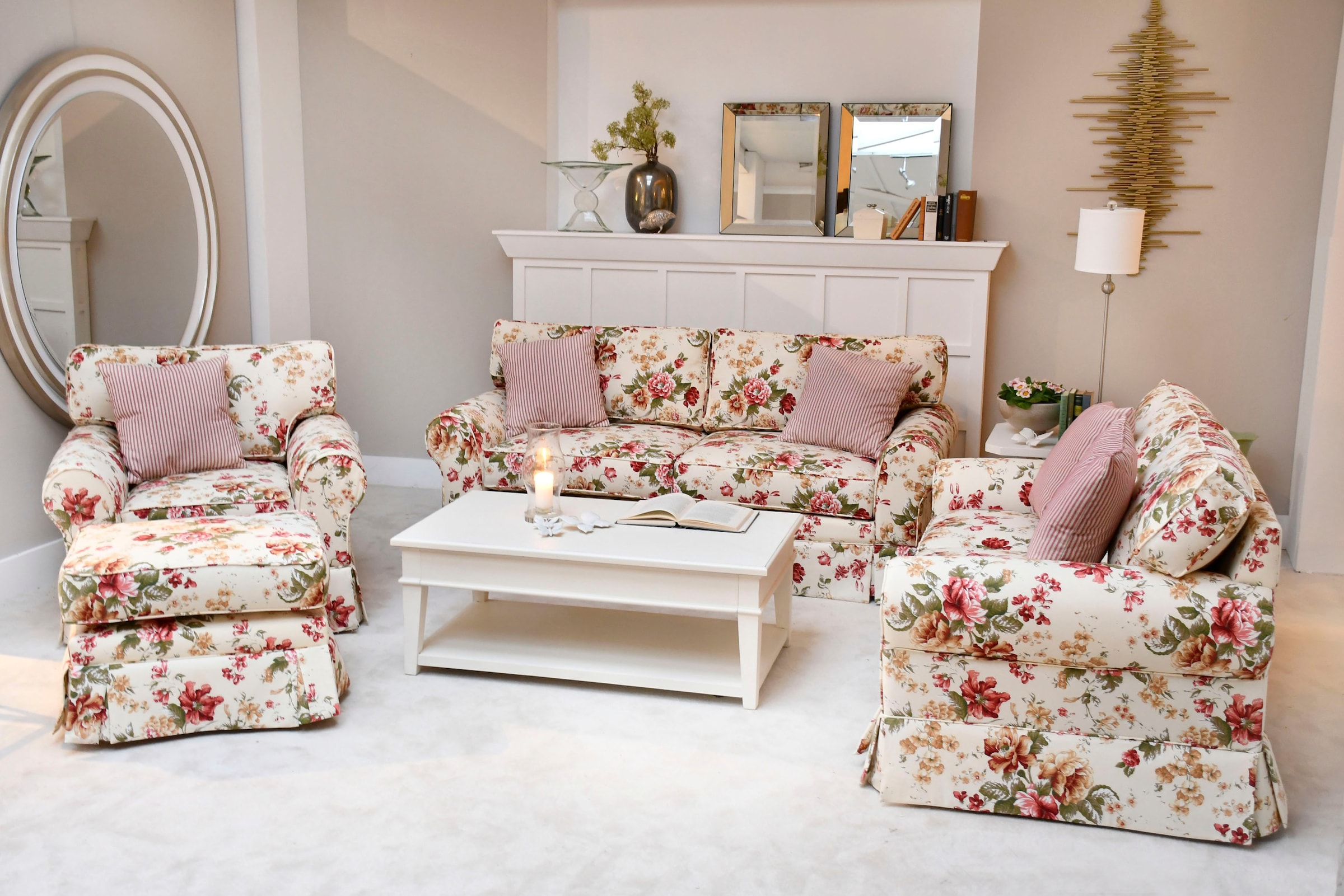Home affaire 3-Sitzer »Laura K«, Geblümtes 3-Sitzer Sofa, creme Weiß, 210 x 95 x 97, Sitzhöhe 53