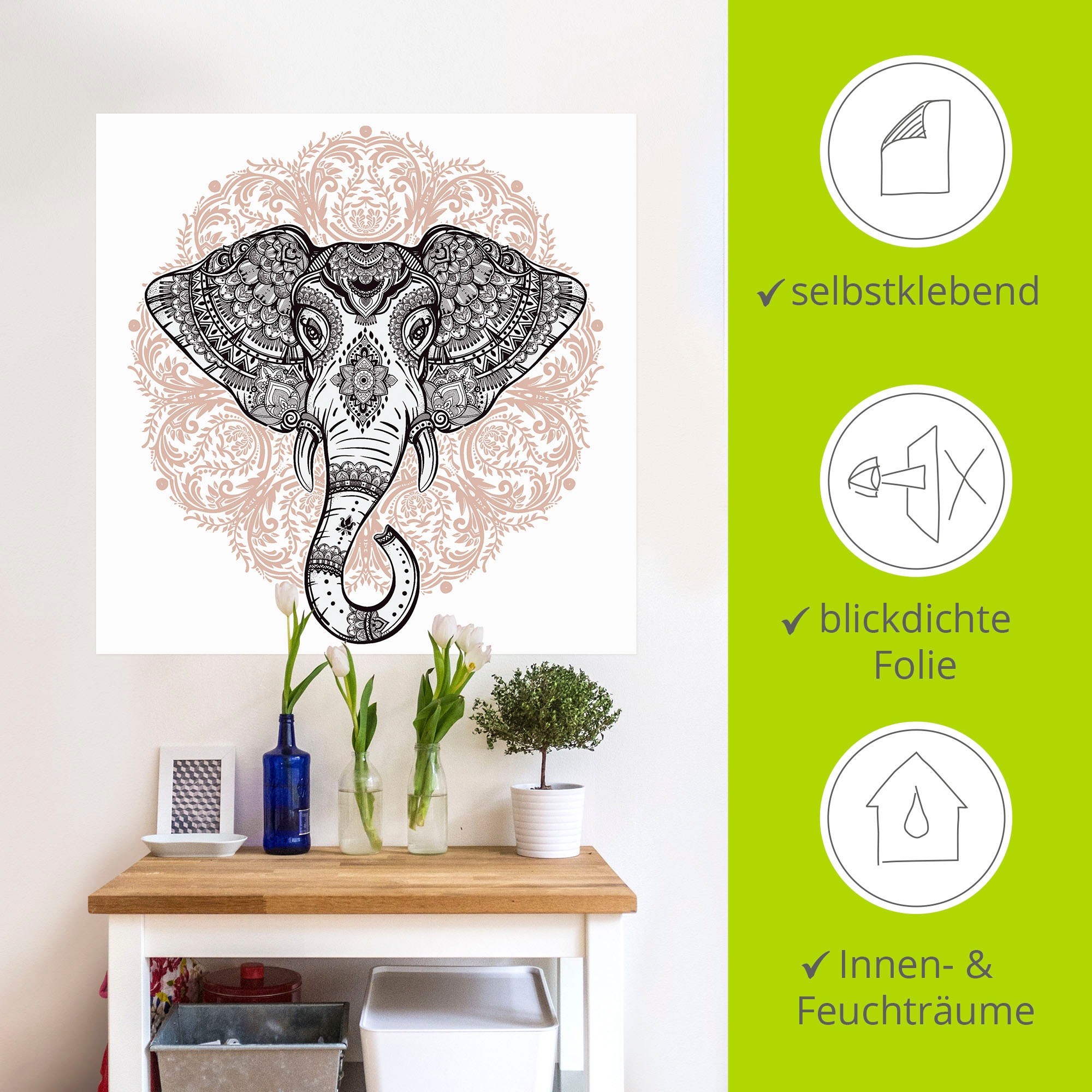 Artland Wandbild »Vintage Mandala Elefant«, Wildtiere, (1 St.), als Leinwandbild, Poster, Wandaufkleber in verschied. Größen