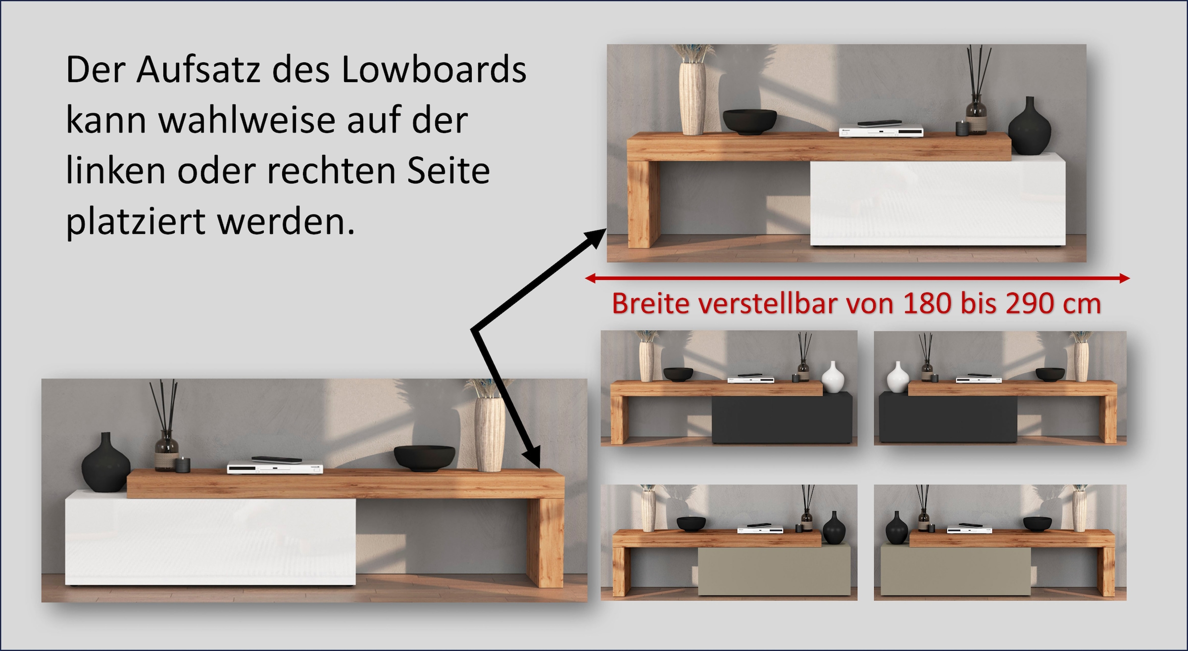 INOSIGN Lowboard »Chronos TV-Board, T-Schrank«, (1 St., Breite verstellbar von 180 bis 290 cm), Breite 240 cm TV-Board,Lowboard,1 Klappe und ein L-Förmiger Aufsatz