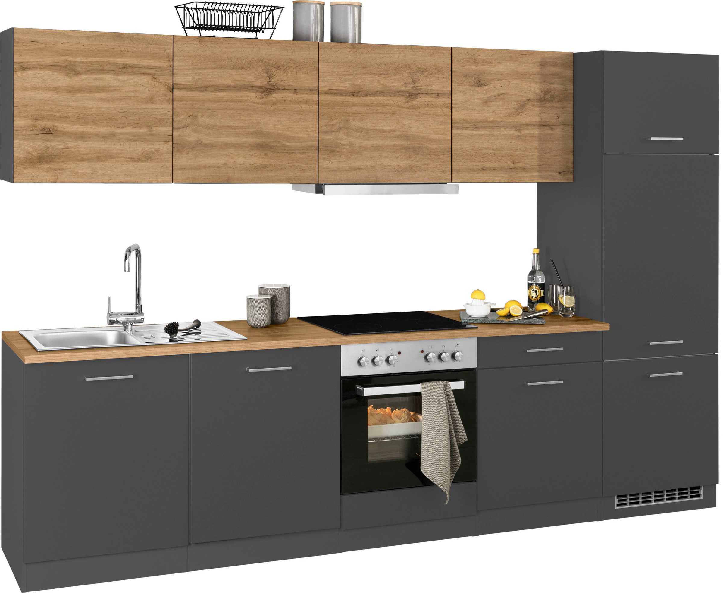 KOCHSTATION Küchenzeile »KS-Kehl«, mit E-Geräten, Breite 300 cm, inkl. Kühlschrank