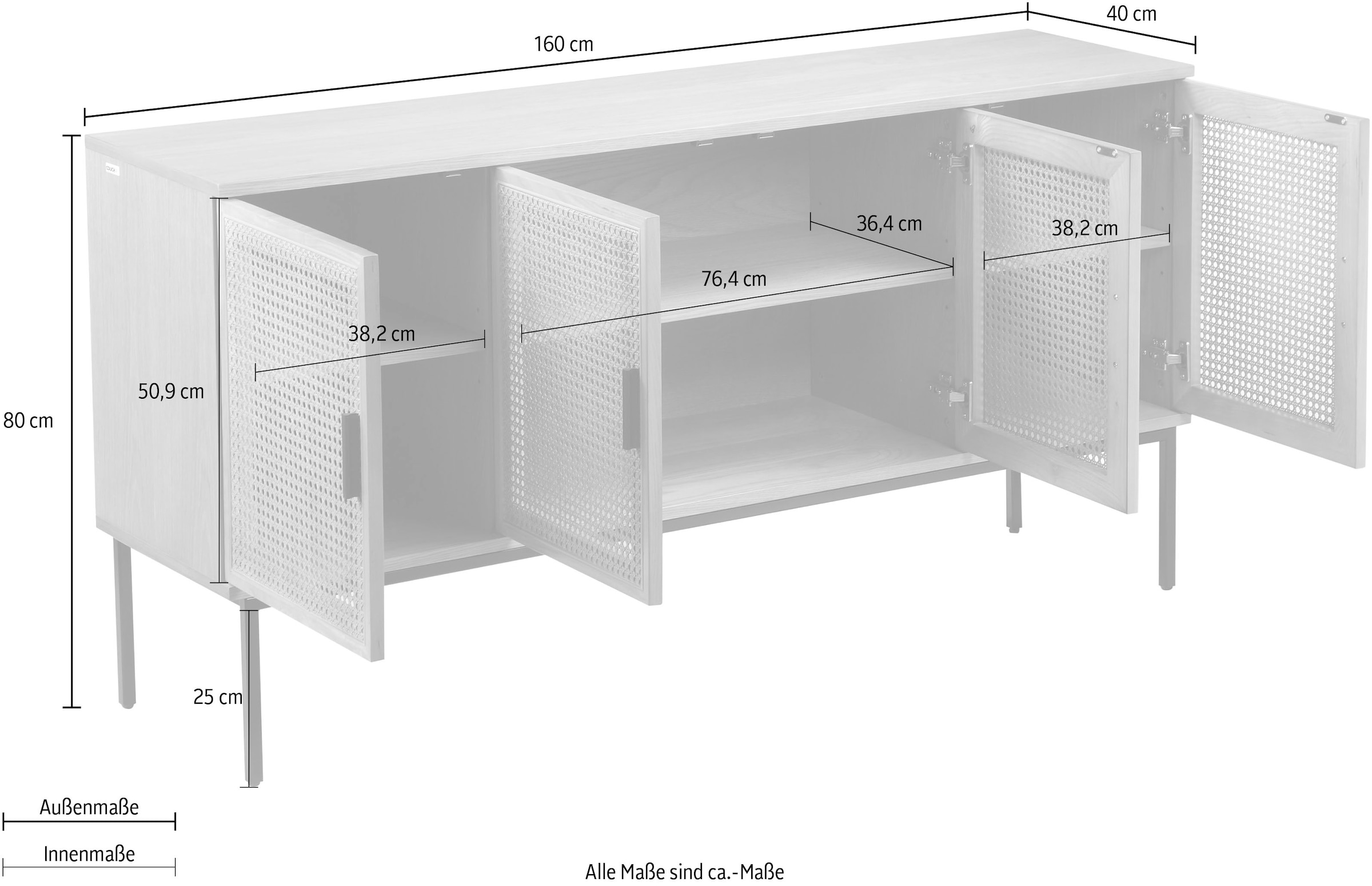 COUCH♥ Kommode »Feines Geflecht«, Mit Rattan-Geflecht Einsatz, 4-türig