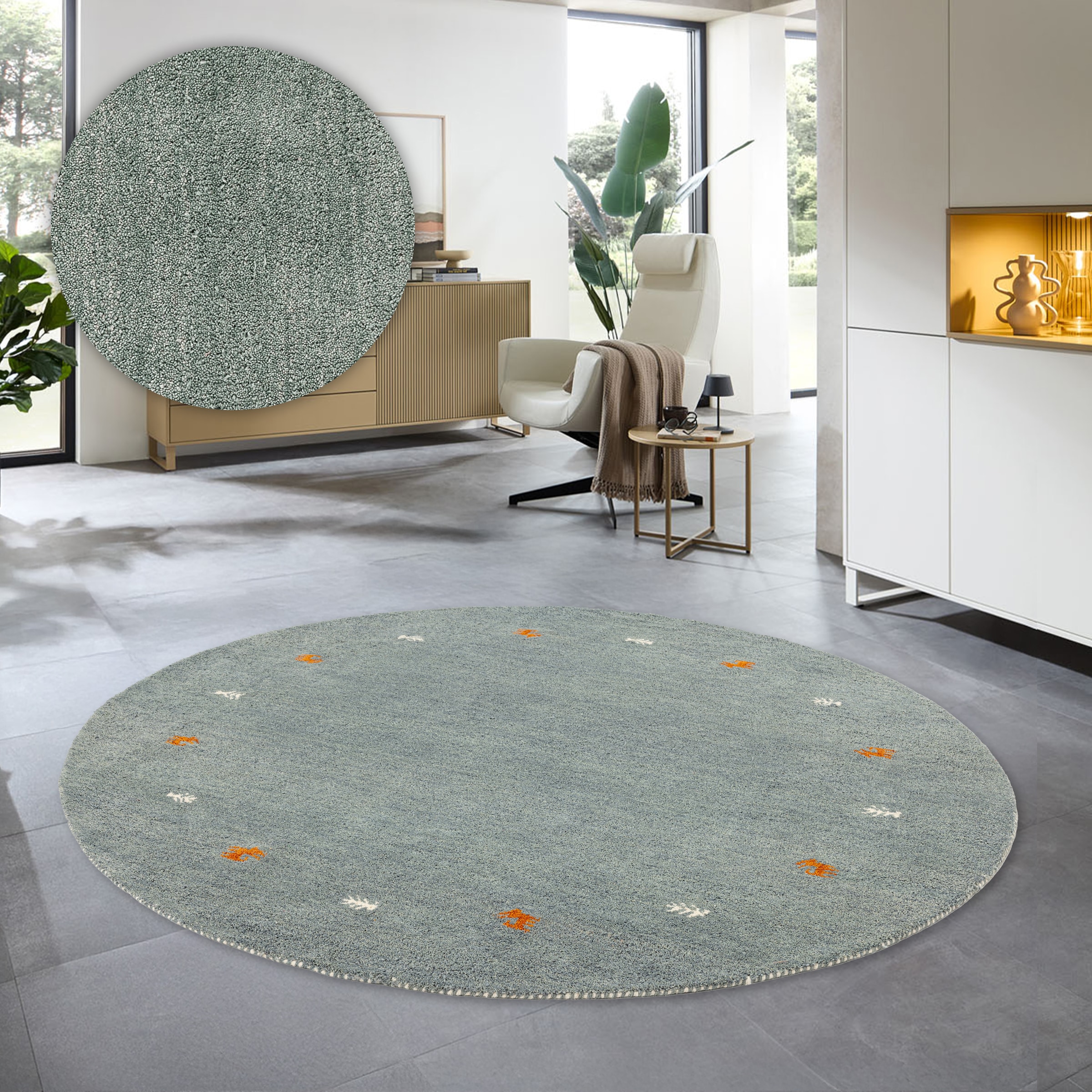 THEKO Wollteppich »Gabbeh Motiv, Handweb Teppich, Tiermotiv, reine Wolle, handgewebt«, rund, 14 mm Höhe, reine Wolle, handgewebt, Wohnzimmer, Schlafzimmer, Esszimmer
