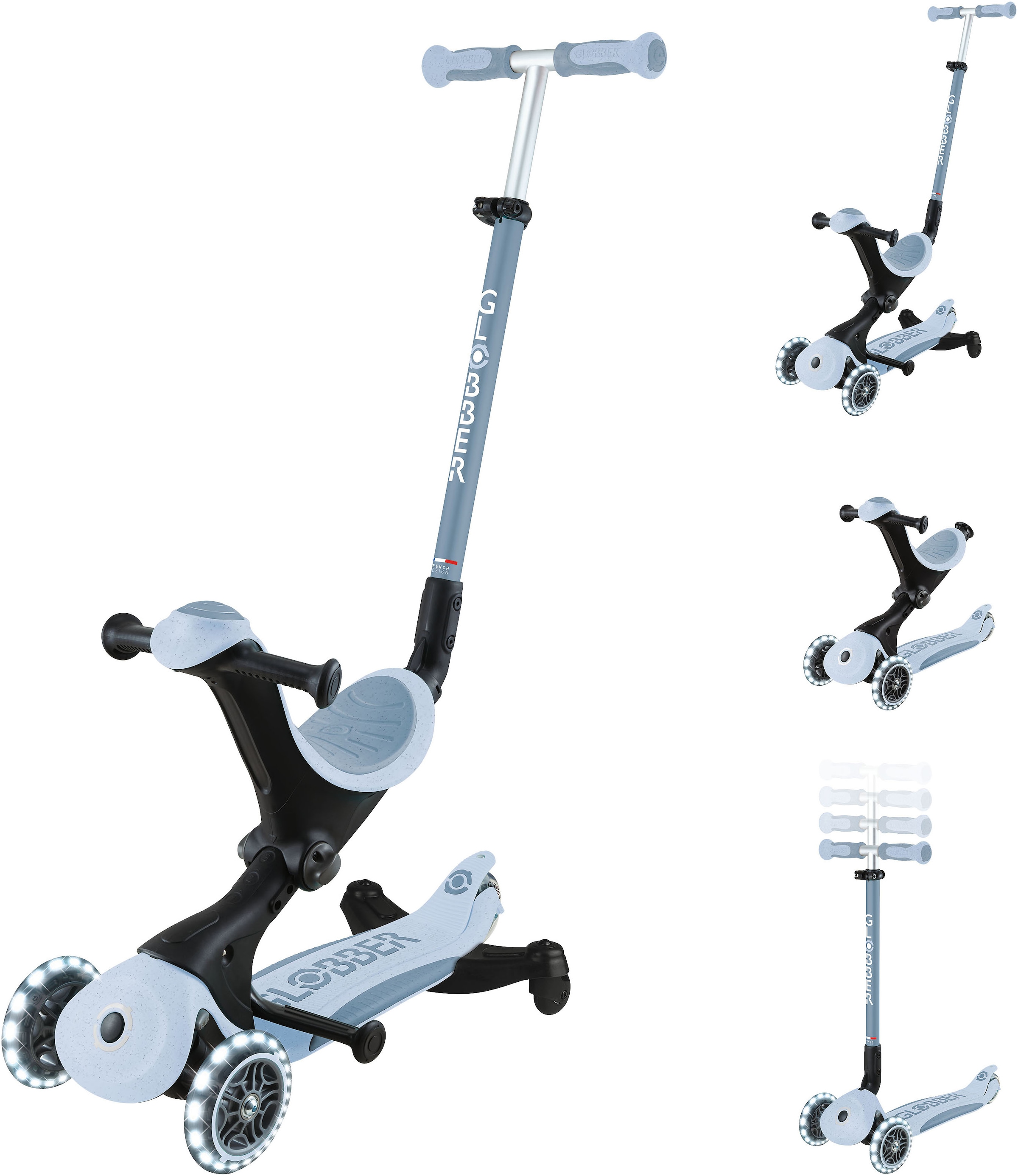 Globber Tretroller »GO-UP DELUXE LIGHTS ECO 360, mit Leuchtrollen« Aufsitzrad mit Schubstange, Laufrad und Scooter