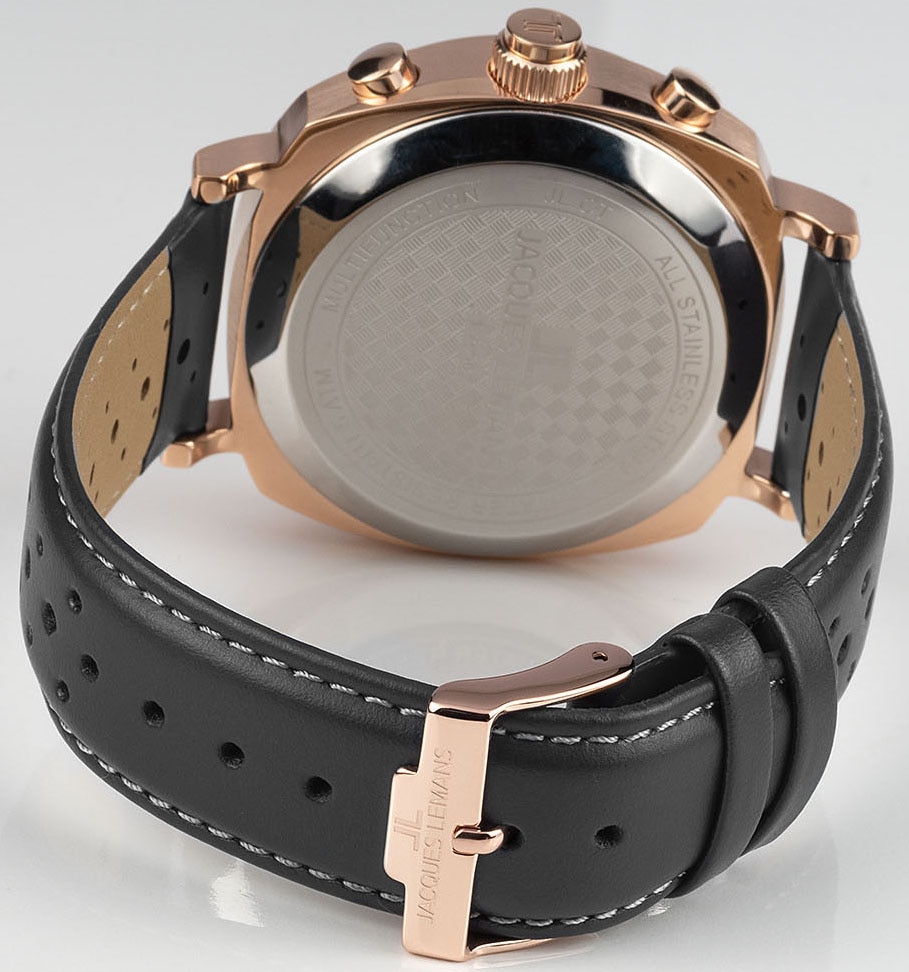 Jacques Lemans Chronograph »Lugano«, Quarzuhr, Armbanduhr, Herrenuhr, Stoppfunktion, Lederarmband