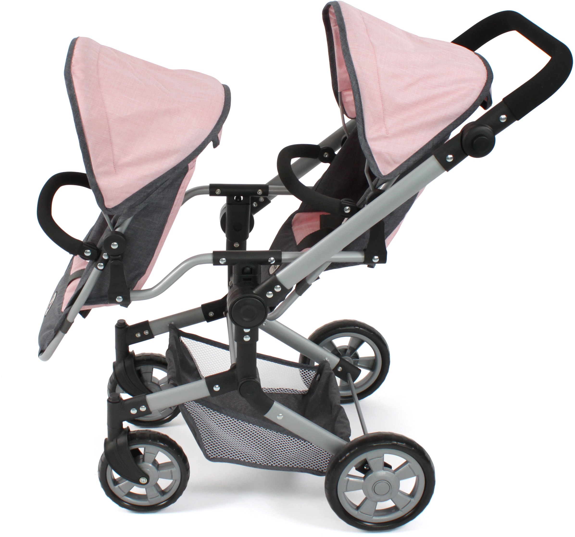 CHIC2000 Puppen-Zwillingsbuggy »Linus Duo, Grau-Rosa«, mit zwei abnehmbaren, bis in Liegeposition verstellbaren Sportsitzen