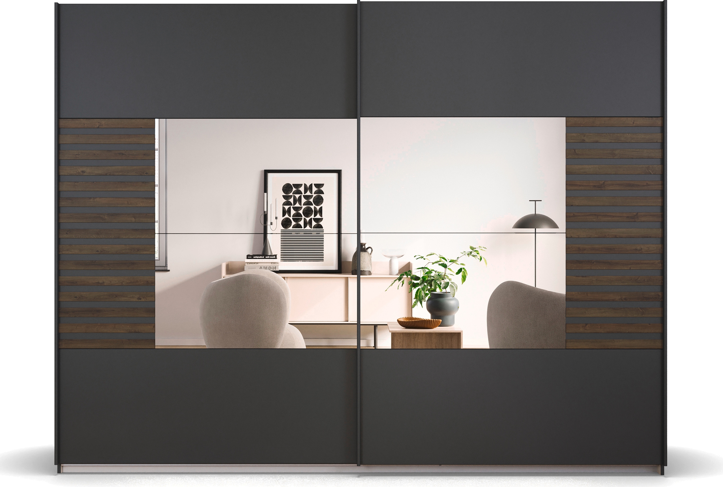 rauch Schwebetürenschrank »Kleiderschrank Schrank Garderobe Schlafzimmerschrank BAREA«, Front- Auflage in moderner Lamellen-Optik und Spiegel MADE IN GERMANY