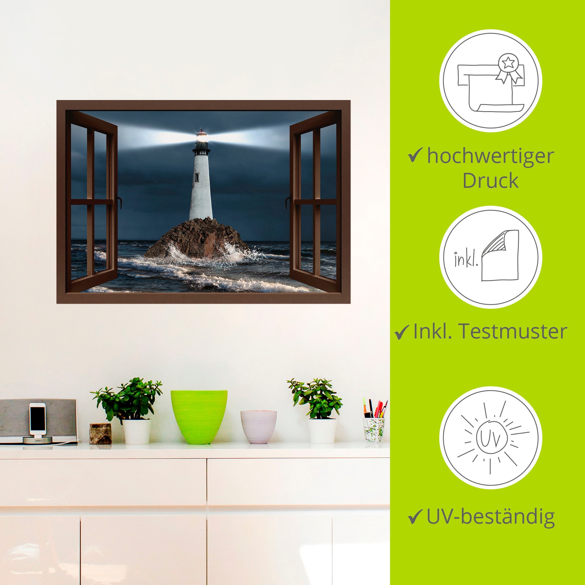Artland Wandbild »Fensterblick Leuchtturm mit Lichtstrahl«, Gebäude, (1 St.), als Leinwandbild, Wandaufkleber in verschied. Größen