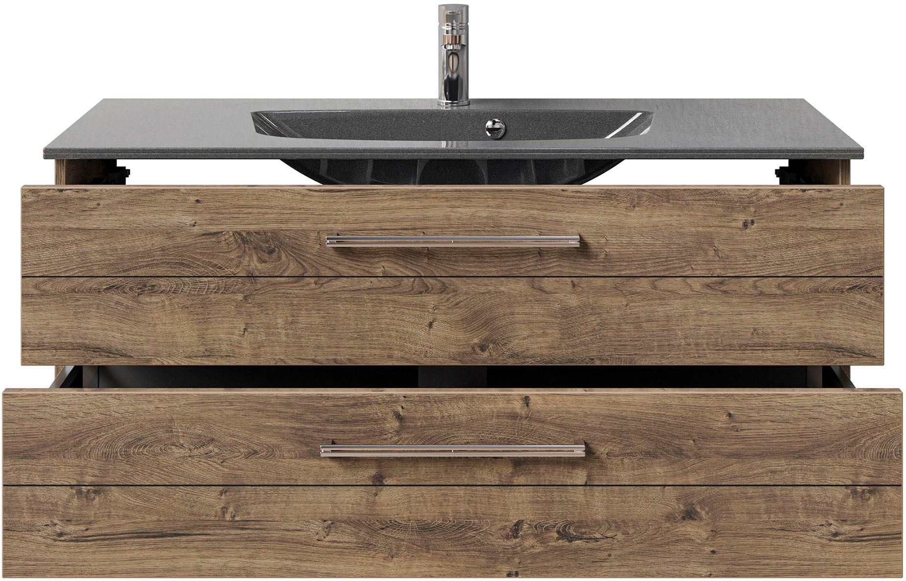 Saphir Badmöbel-Set »Serie 6025 2-teilig Mineralmarmor-Waschtisch mit LED-Spiegelschrank«, (2 St.), Waschplatz 117cm breit, 2 Schubladen, 3 Spiegel-Türen, inkl Türdämpfer