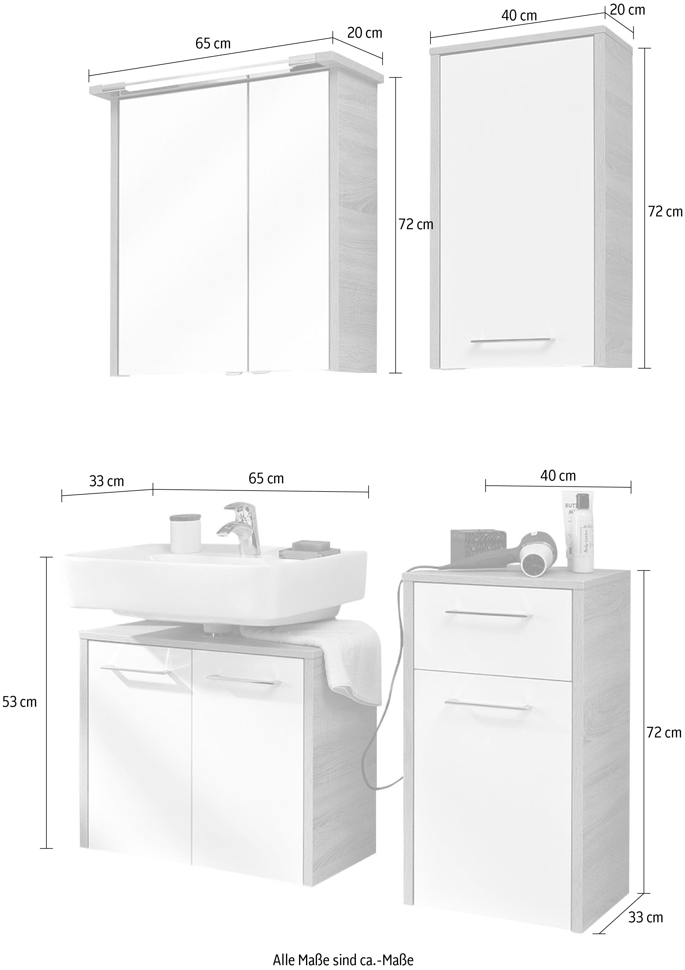 Saphir Badmöbel-Set »Quickset 382 4-teilig, Waschbeckenunterschrank mit LED-Spiegelschrank«, (4 St.), Unterschrank, Hängeschrank, inkl. Türdämpfer, 6 Türen, 1 Schublade