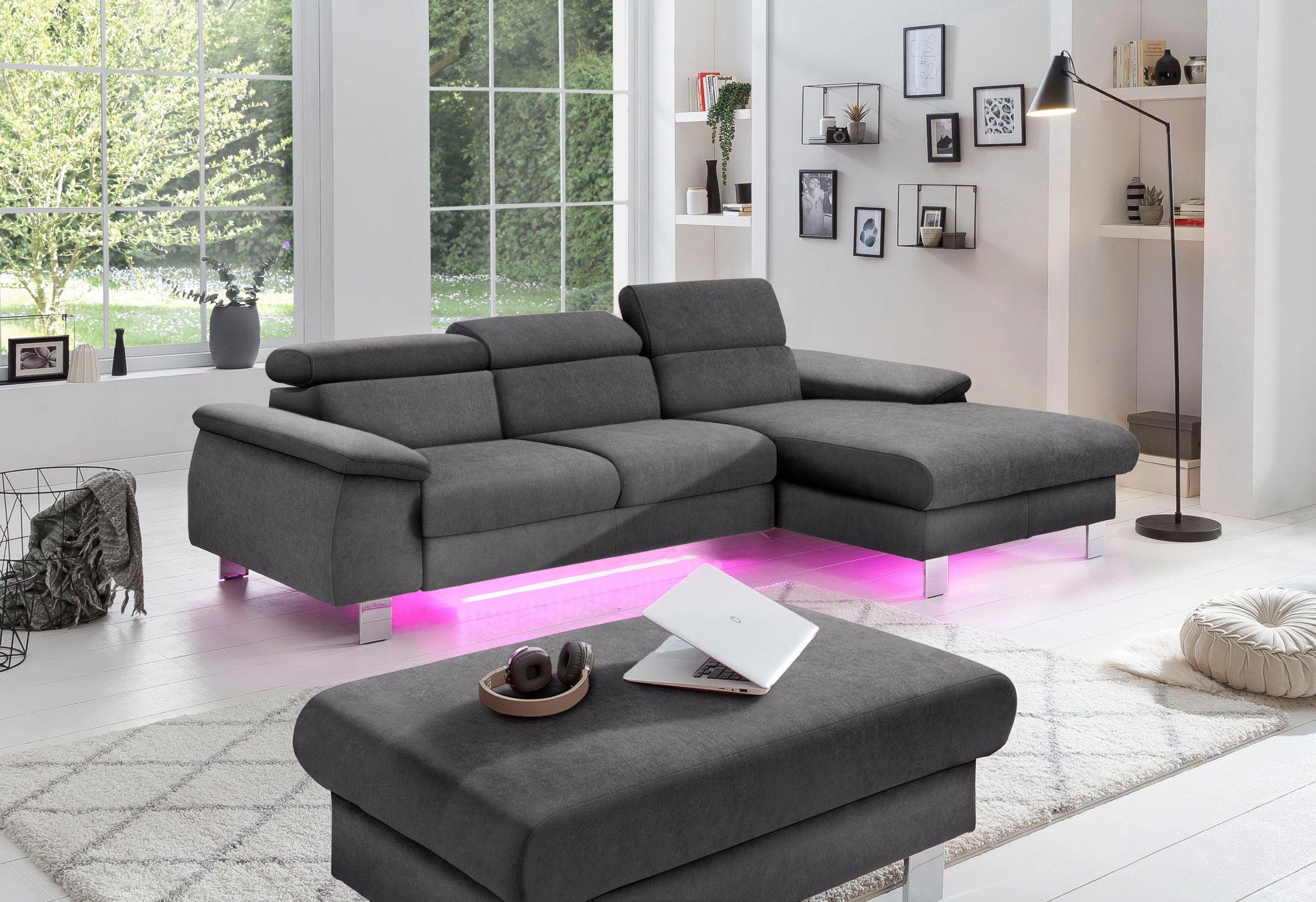 COTTA Ecksofa Komaris, Ecksofa, wahlweise mit RGB-LED-Beleuchtung und Bettfunktion/Bettkasten