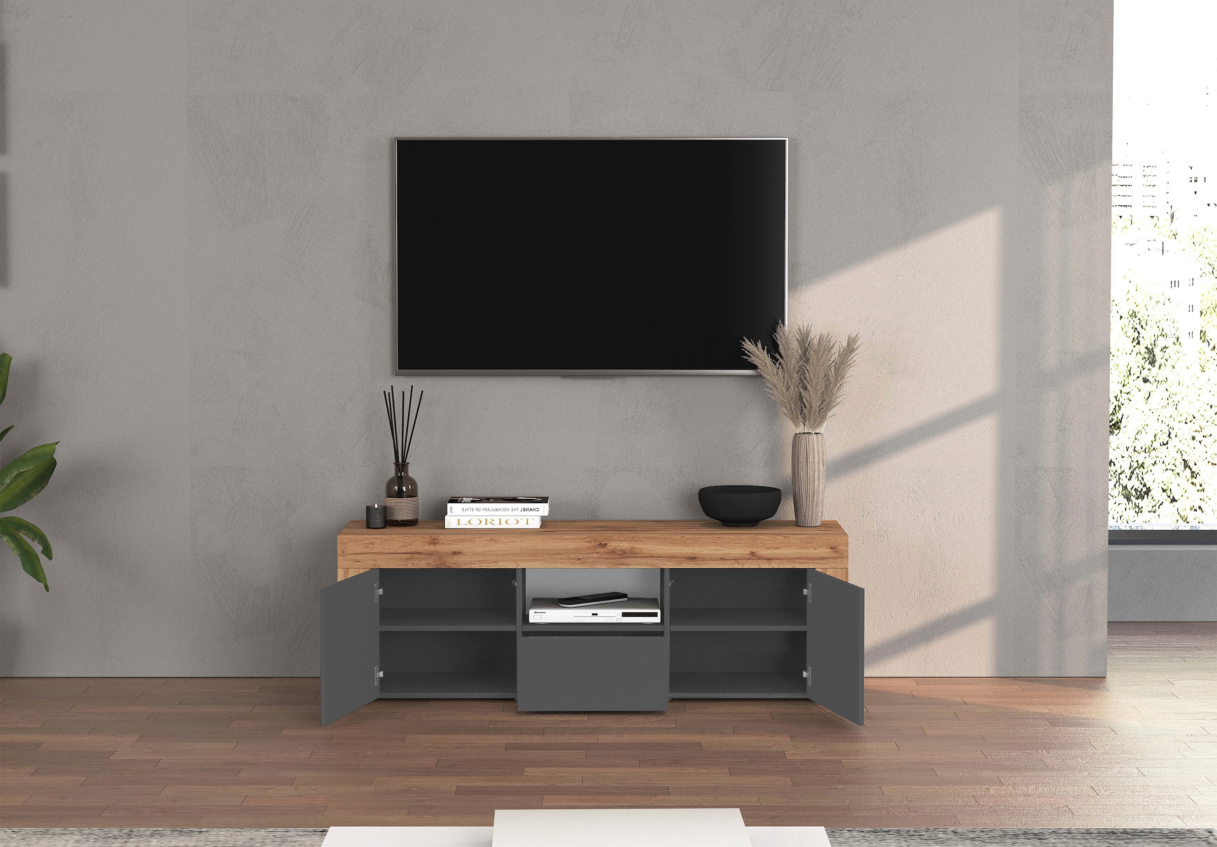 INOSIGN Lowboard »CHRONOS Breite 155 cm mit 2 Türen, 1 Schublade,1 offenes Fach«, (1 St.), TV-Board, Sideboard niedrig, Grifflos mit Push to Open 'Made in Italy'